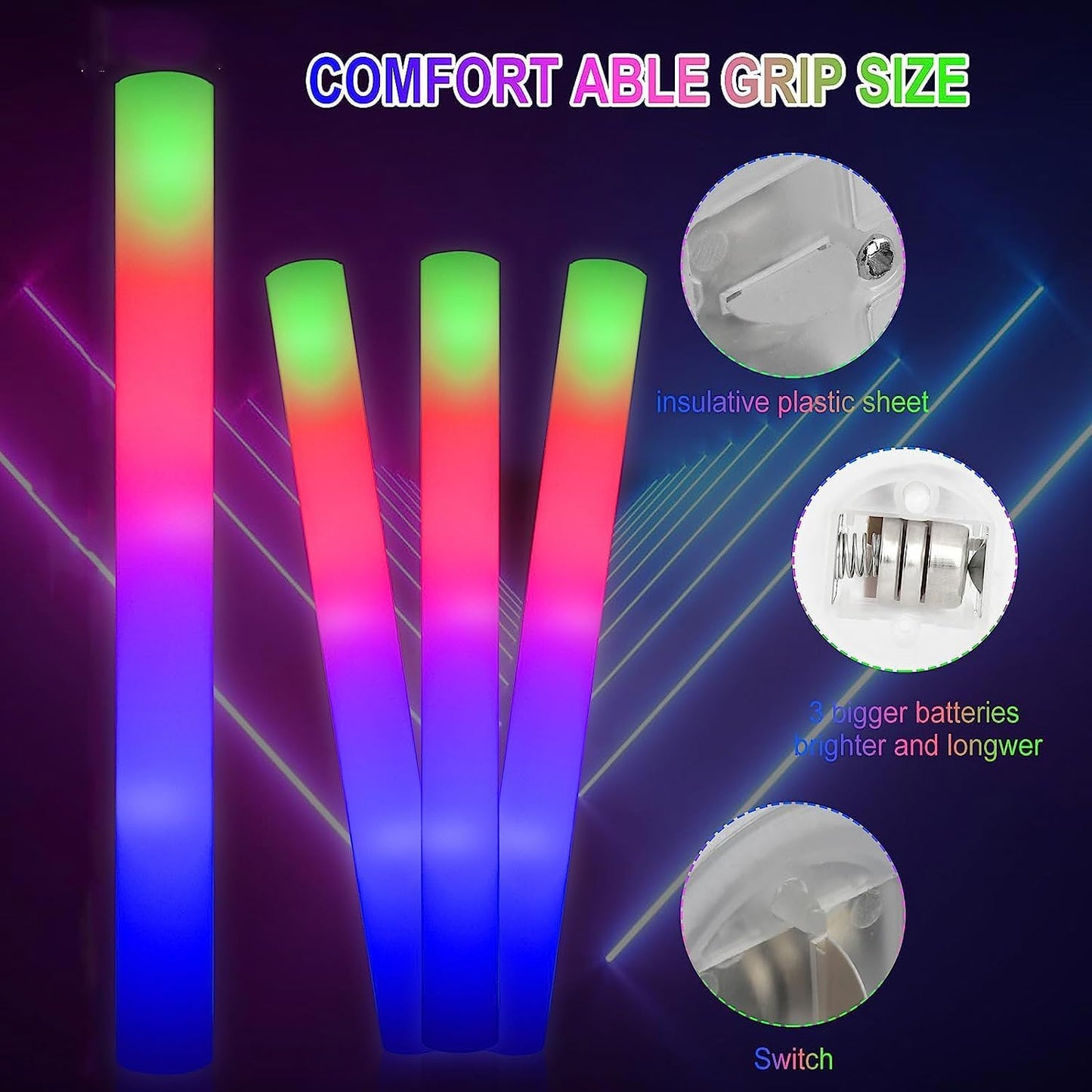 70pcs Foam Glow Sticks,Glow Sticks Bulk,3 Flashing Modes for Wedding Glow in The Dark Party Supplies, Light up Wand for Birthday,Outdoor Camping, Raves