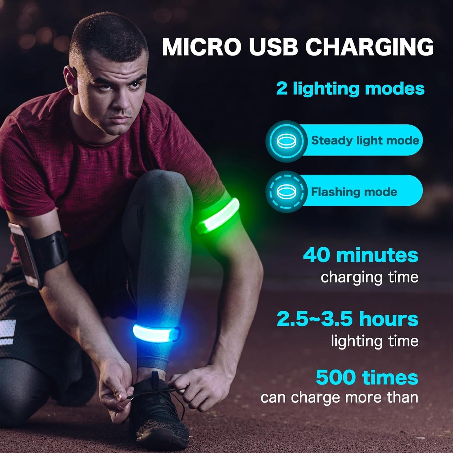 LED Armband Running USB Rechargeable(2 Pack), High Visibility Wristband for Runners, Joggers, Pet Owners, Cyclists, Adjustable Waterproof Reflective Bracelets for Night Running, Walking