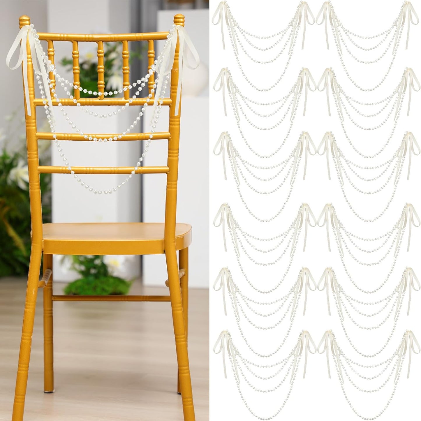 32 Pcs Wedding Pearl Bow Chair Decor Satin Ribbon Bows with Pearl Beaded String Garland Aisle Chair Sashes Decorations for Ceremony Coquette Party Banquet Decor (Ivory)