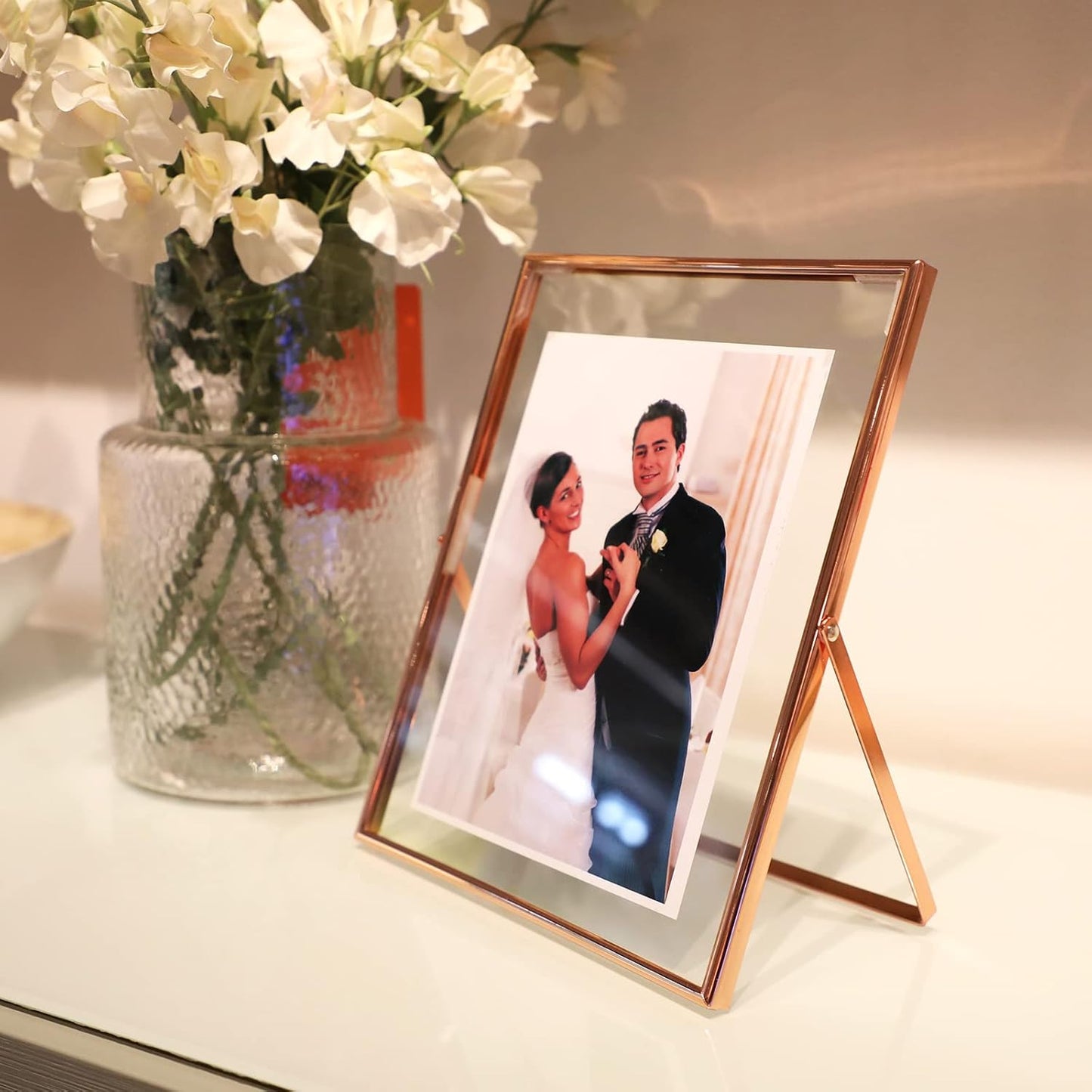 Rose Gold Floating Picture Frame, 6"x8", Vertical, For Picture 5x7, 4x6, 3x5, Medium Tabletop Photo Frame, Classy Gift For Holiday, Birthday or Wedding, Home or Office Décor