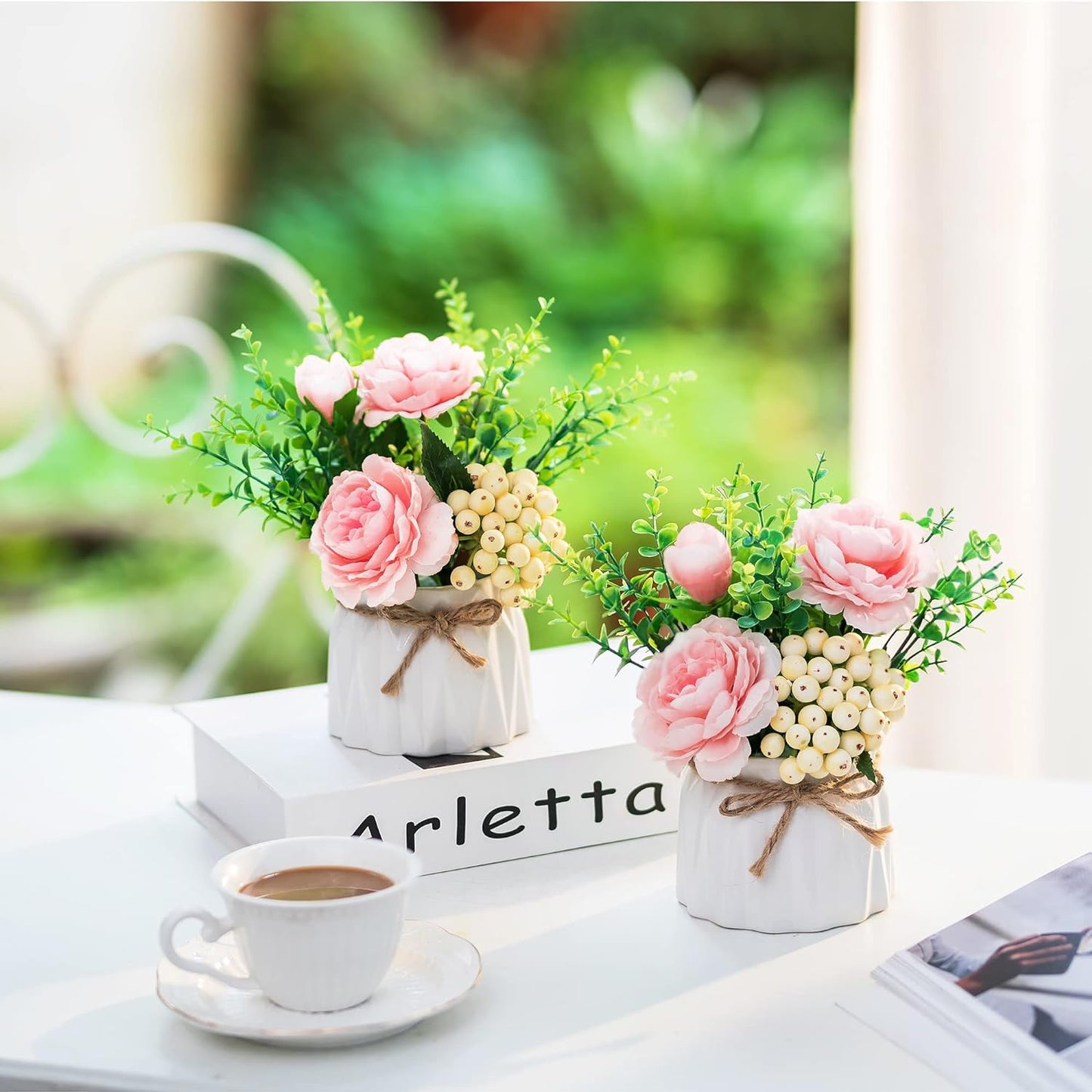 BLOSMON Table Decor Artificial Flowers Vase 7 Inch Small Fake Pink Flower Arrangement 2pcs for Tables Centerpieces Kitchen Dining Room Decorations Faux Flower in Vase Coffee Table Silk Roses