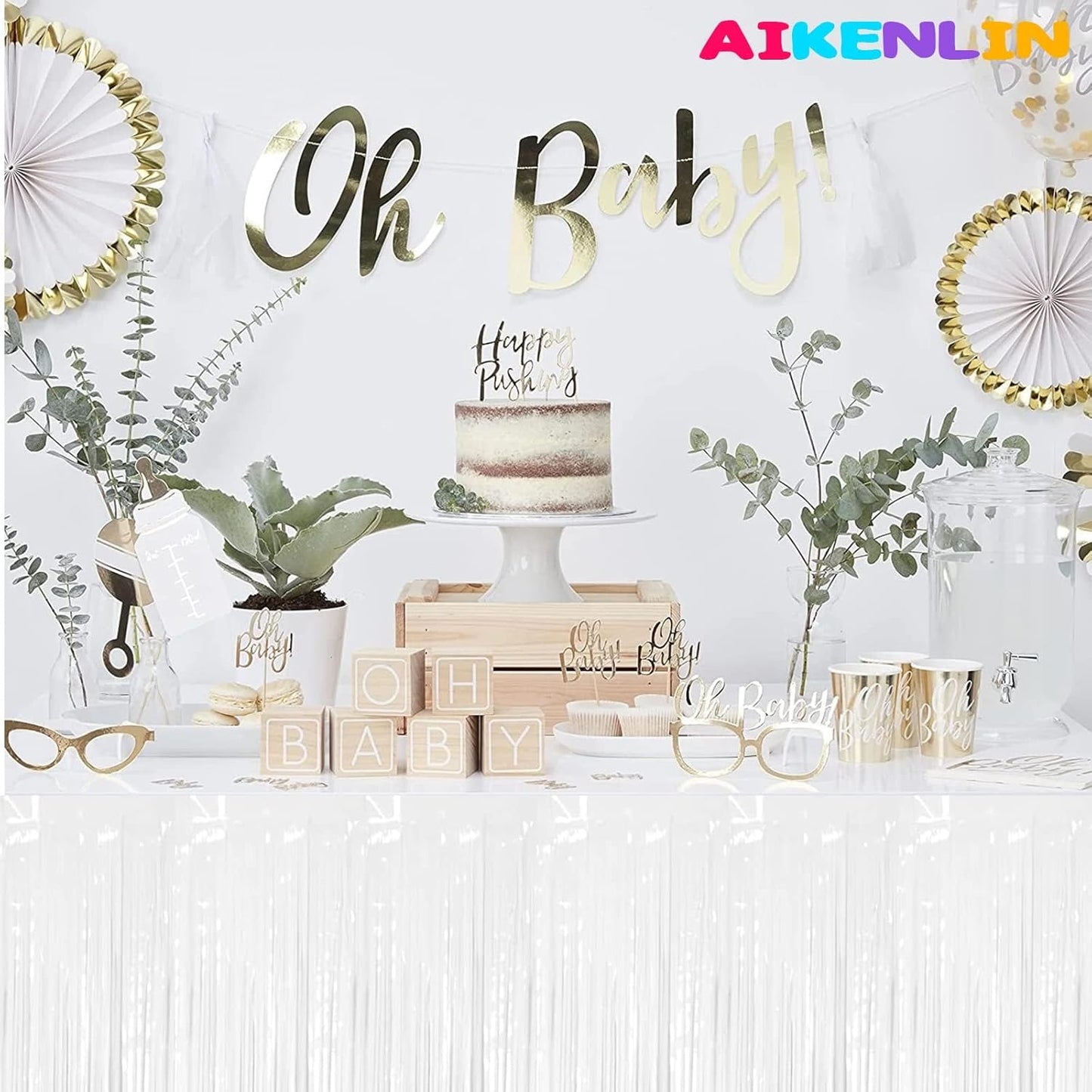 6 Pack 29x108 Inch Metallic Foil Fringe Tinsel Table Skirts Banner for Rectangle Tables Streamer Garland Curtains Backdrop for Wedding, Birthday, Parade Floats Party Decoration(White)