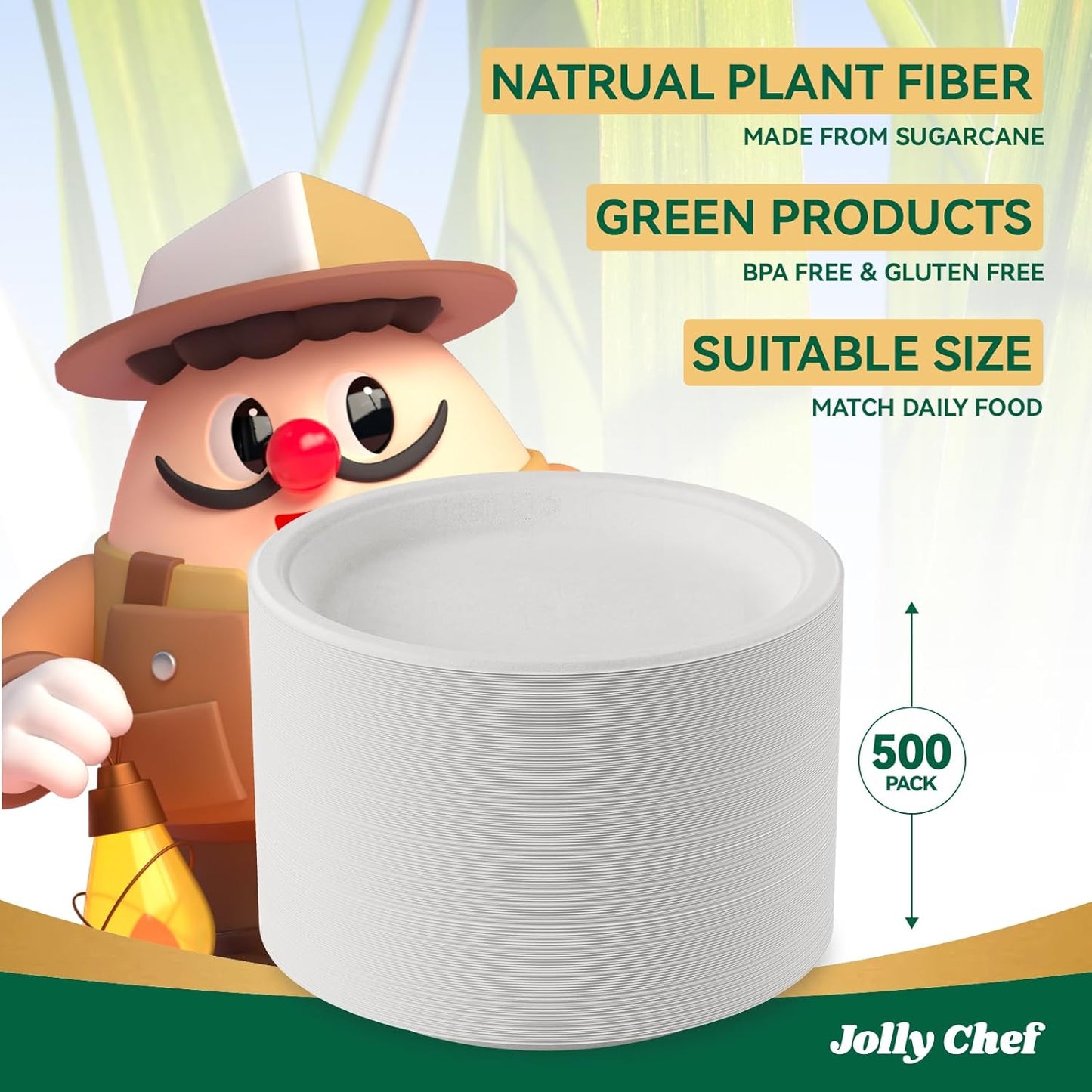 JOLLY CHEF Compostable Heavy Duty Plates 𝟭𝟬 𝗜𝗻𝗰𝗵 [𝟱𝟬𝟬 𝗣𝗮𝗰𝗸] Eco-Friendly Disposable White Paper Plates Made of Bagasse Biodegradable Bulk for Party Dinner Sugarcane Fibers Round 500 Count