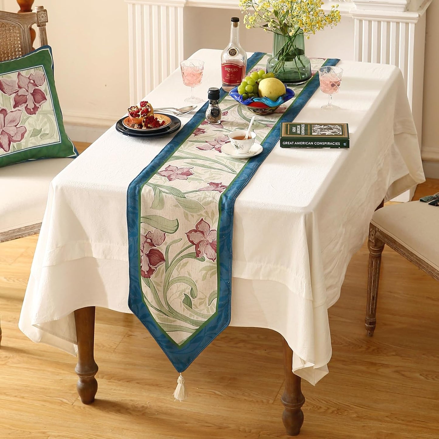 patdrea Designer Elegant Bright Linen Table Runner 71 Inch Long, Mauve Iris Floral Pattern Table Mat, Decoration for Kitchen Dining Table Coffee Table Shelf Cabinet Banquet Christmas ,12"*71"