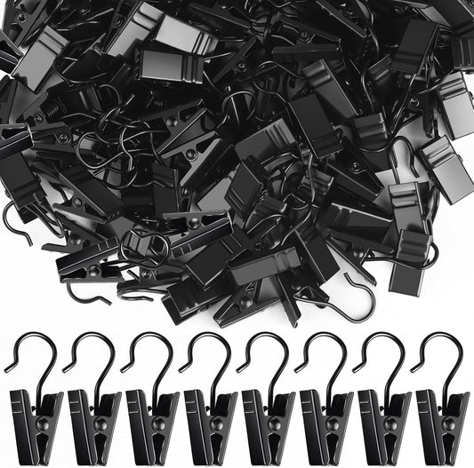 Teenitor 100 Pack Small Curtain Clips Curtain Hooks for Outdoor String Lights, Stainless Steel Clips for Hanging Curtain Hooks for Drapes, Black