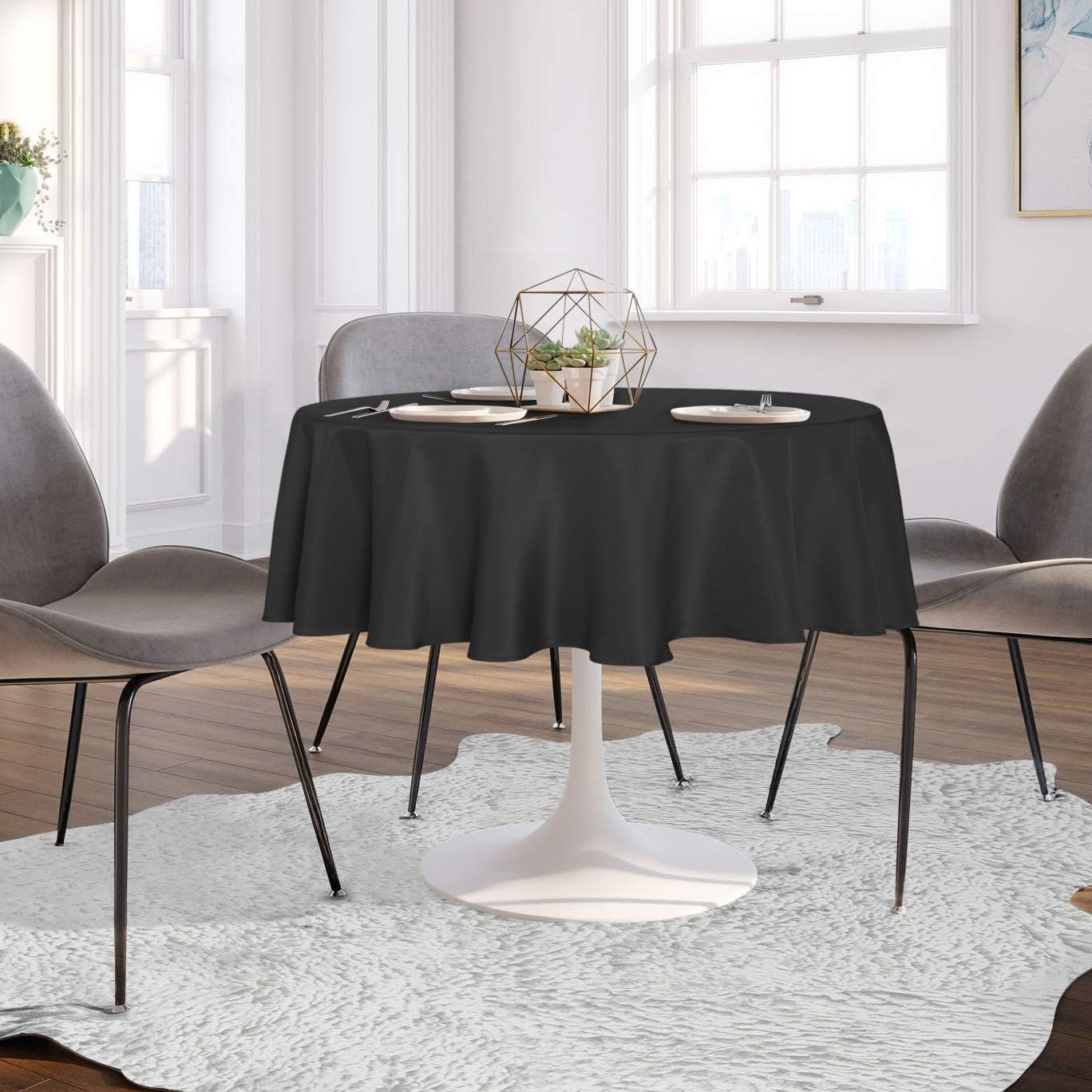 sancua 48 Inch Round Tablecloth (Fits 20-36 Inch Tables), Water Resistant Spill Proof Washable Polyester Table Cloth Decorative Fabric Table Cover for Dining, Buffet Parties and Camping, Black