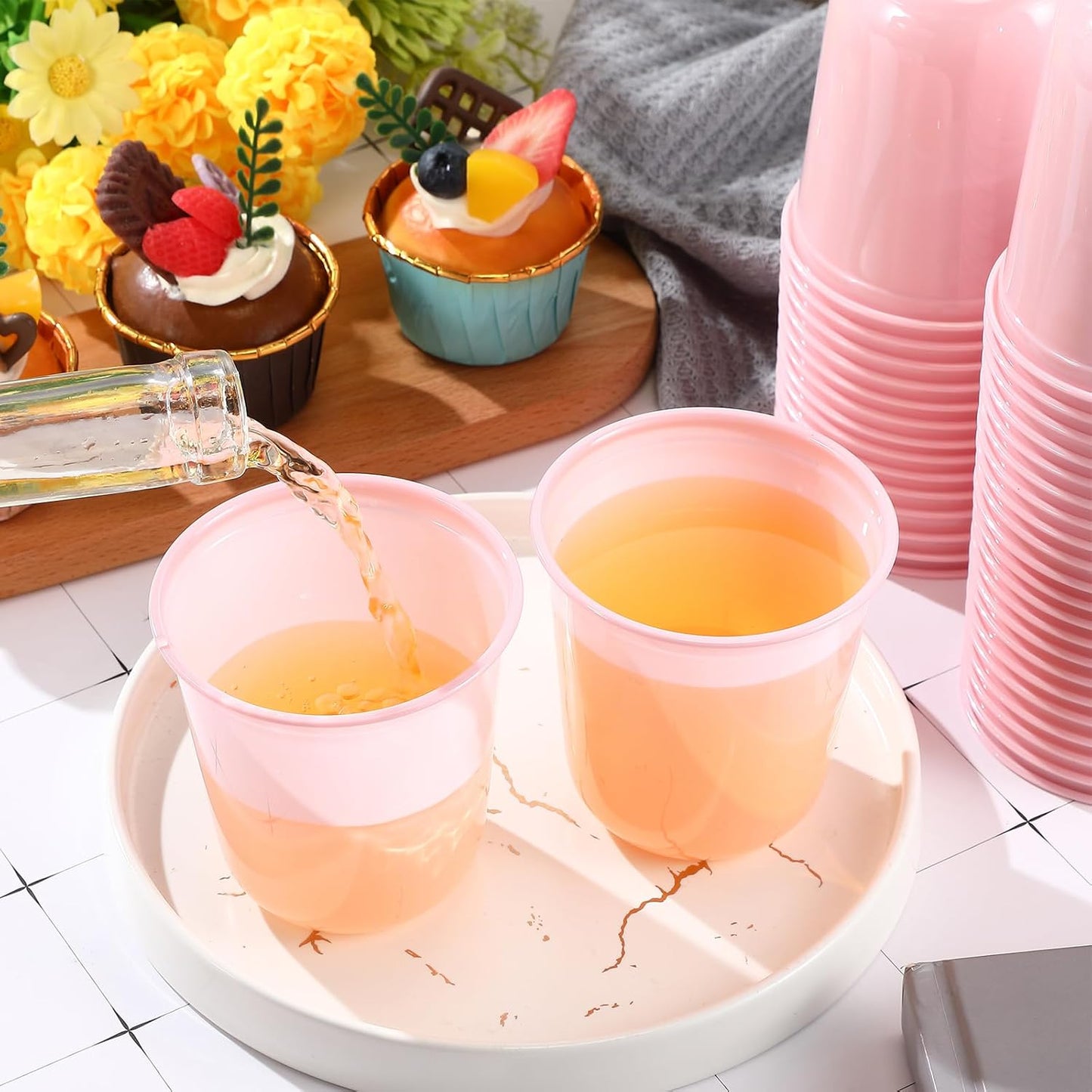 50pcs Disposable Stemless Glasses 12oz Crystal Plastic Wine Glasses Clear Classic Pet Cup for Meeting Weddings Birthdays Cocktail Christmas Party Supplies (Pure Pink)