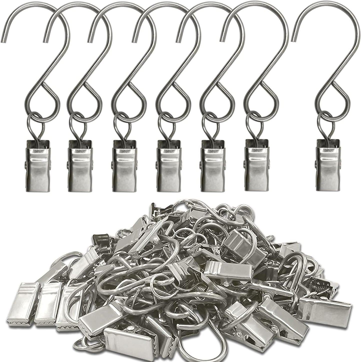 Stainless Steel S Hooks Curtain Clips, 50 Pack Hanging Party Lights Clips, Hangers Gutter Photo, Art Craft Display, 3 Inch Long, Silver