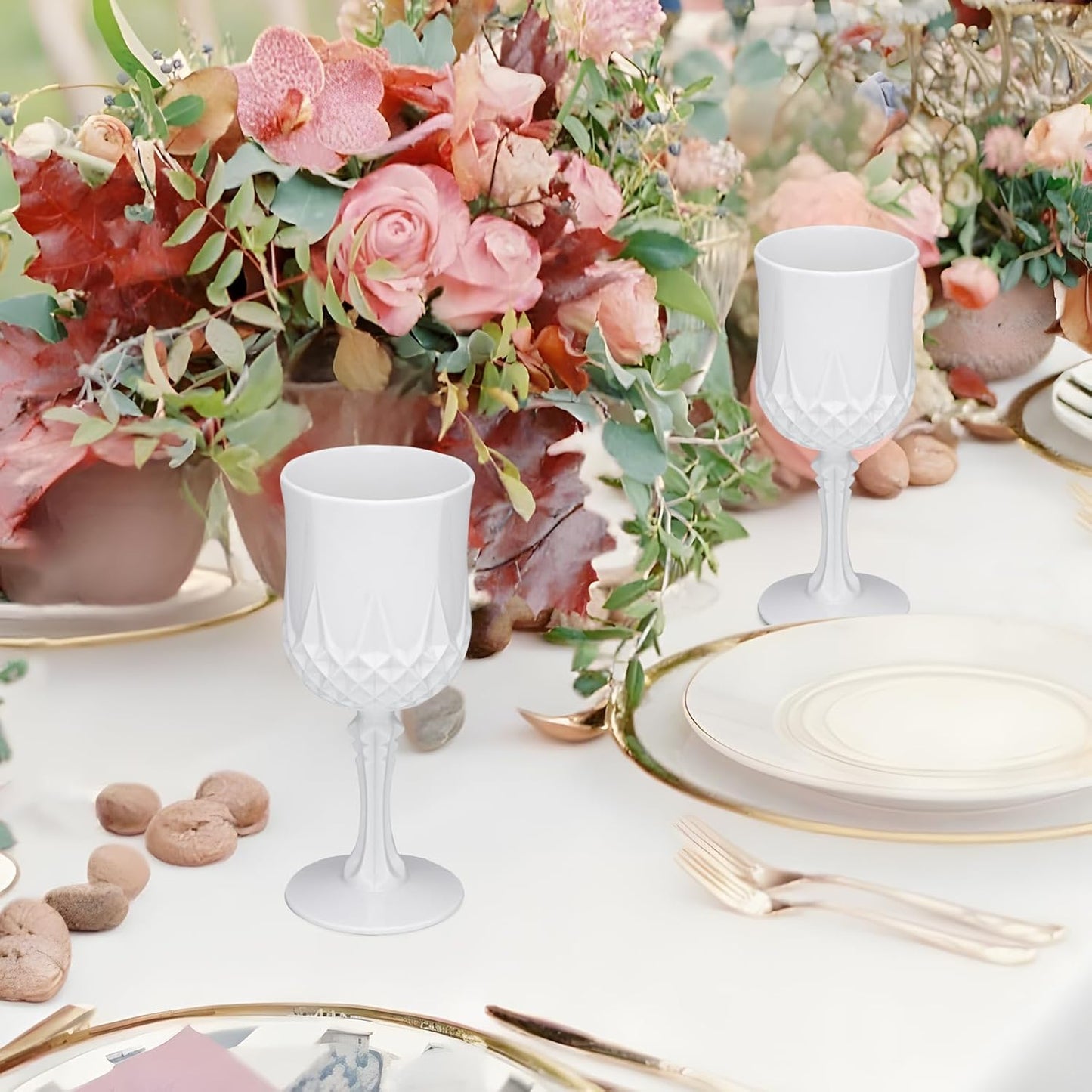 JLYLOL Plastic Vintage Wine Glasses 7OZ Plastic Goblets Vintage Drinking Glasses 48PCS Retro Wedding Glassware Water Goblets Reusable Drinking Cups for Party,Reception,Celebration,Bar,Whiskey(White)