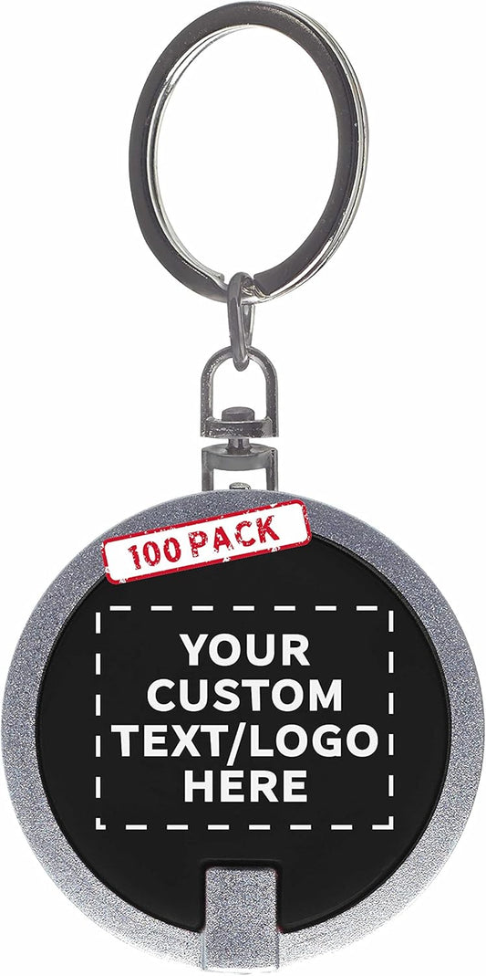 DISCOUNT PROMOS 100 Round LED Keychains - Customizable Text, Logo - Battery included, Plastic - Black
