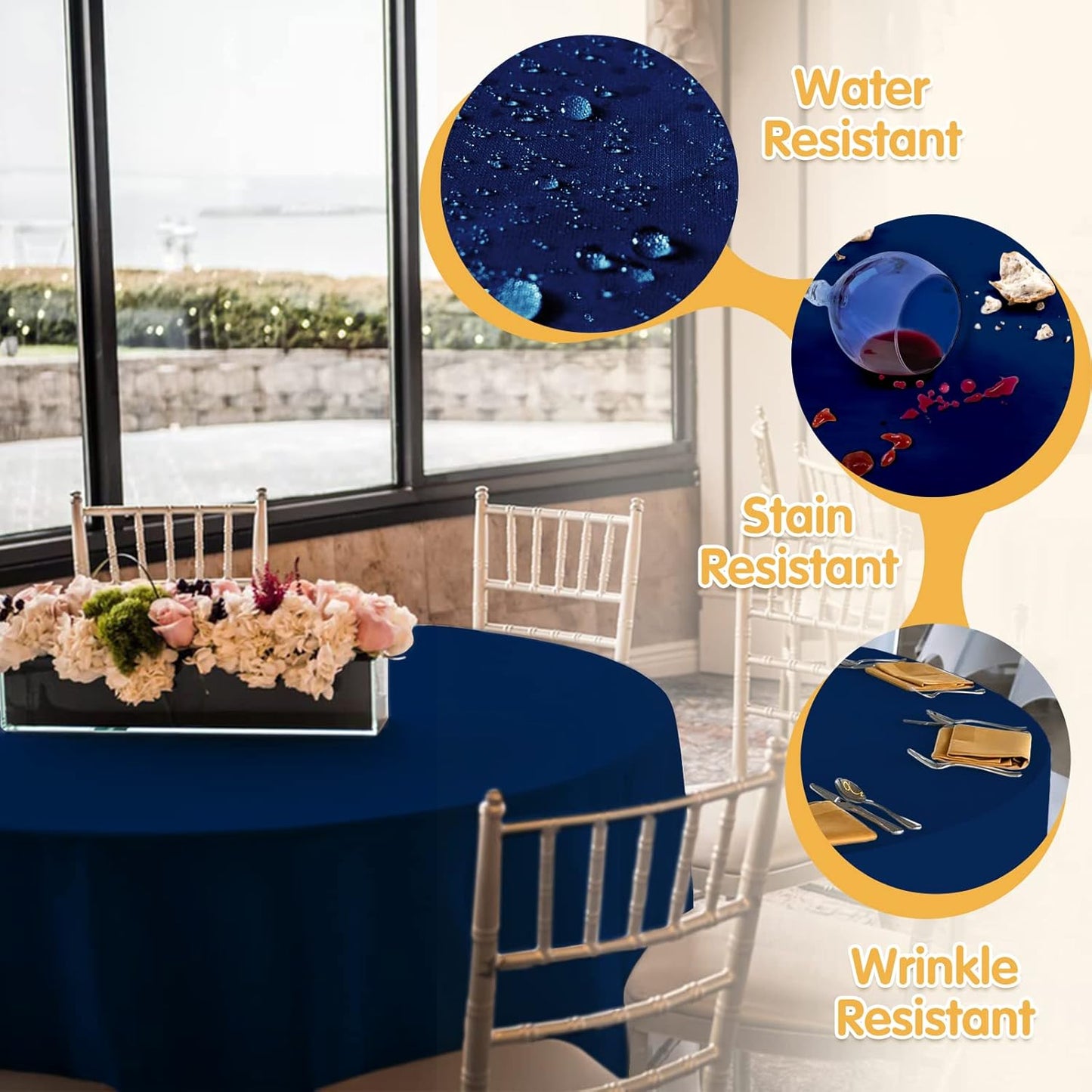BRILLMAX 6 Pack Navy Blue 132 Inch Round Tablecloths Fit 72" Tables (Floor-Drop) - Circle Bulk Linen Polyester Fabric Washable Cloth Cover for Wedding Reception Banquet Birthday Party Buffet