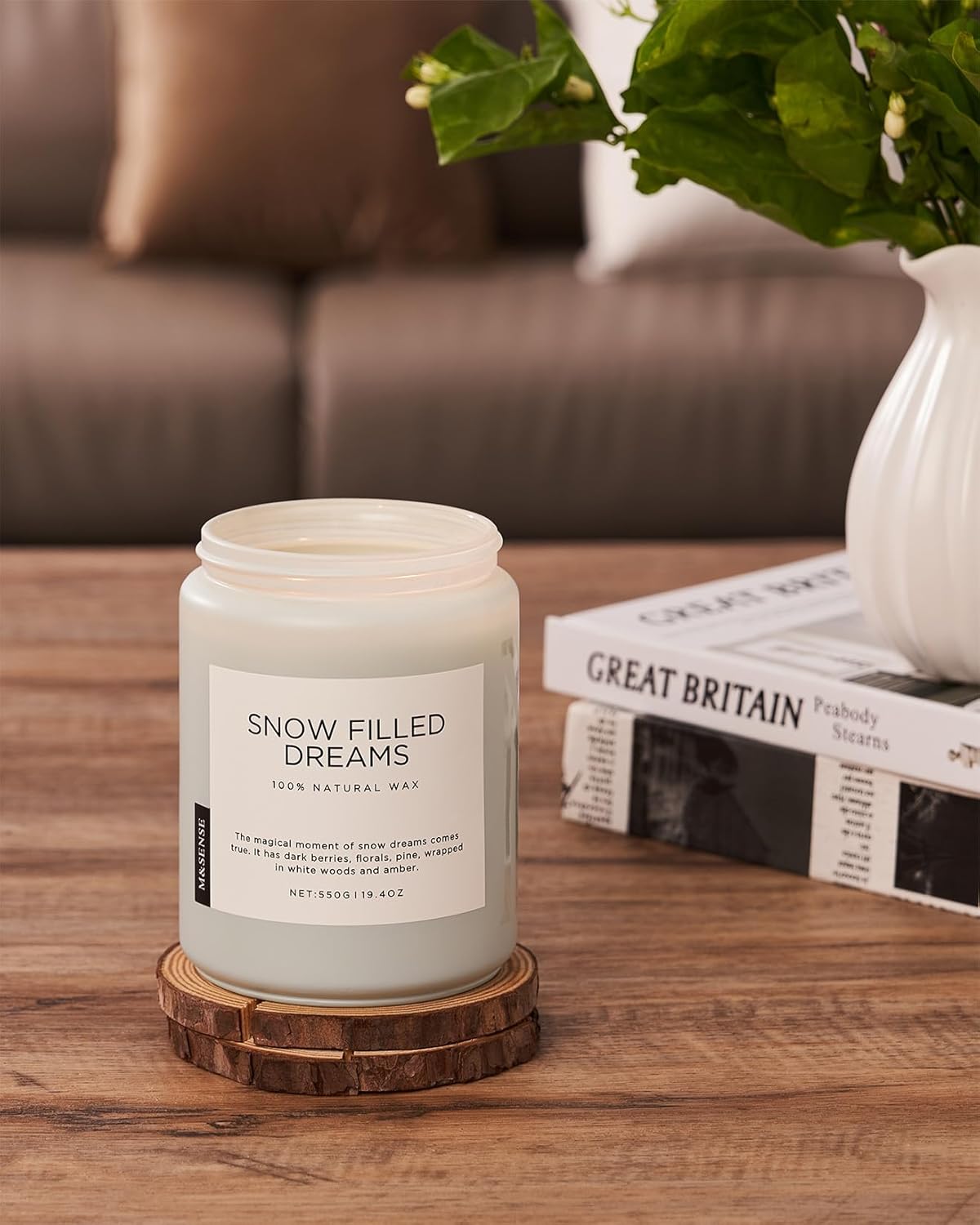 M&SENSE Snow Filled Dreams - Jasmine & Pine Large Scented Candles, 19.4oz 110 Hour Clean Non Toxic Long Lasting Candle Organic Natural Soy Wax Candle Gifts for Women Men