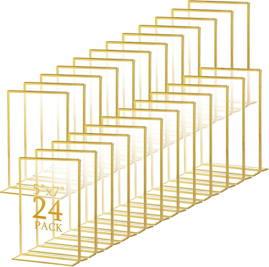 Hoteam 24 Pack 5 x 7 Clear Acrylic Sign Holder with Gold Borders, Gold Picture Frame, Double Sided Wedding Table Number, Acrylic Menu Stands for Wedding Table, Restaurant Sign, Photos Display
