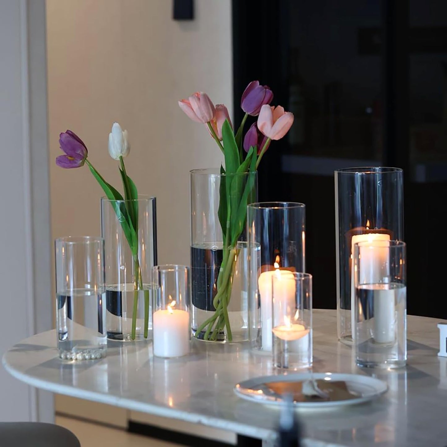 PHOSPHOR 16 PCS Glass Candle Holder, Hurricane Candle Hoder, Glass Pillar Candle Holder, Clear Cylinder Candleholder Cylinder Vase for Centerpieces Wedding Party Decoration