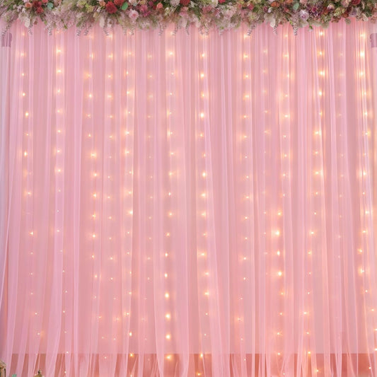 Sheer Backdrop Curtains with Lights String for Weddings Baby Showers, 20x8ft Sheer Tulle Photo Backdrop Curtains for Birthday Party Photography Background Decoration, Pink
