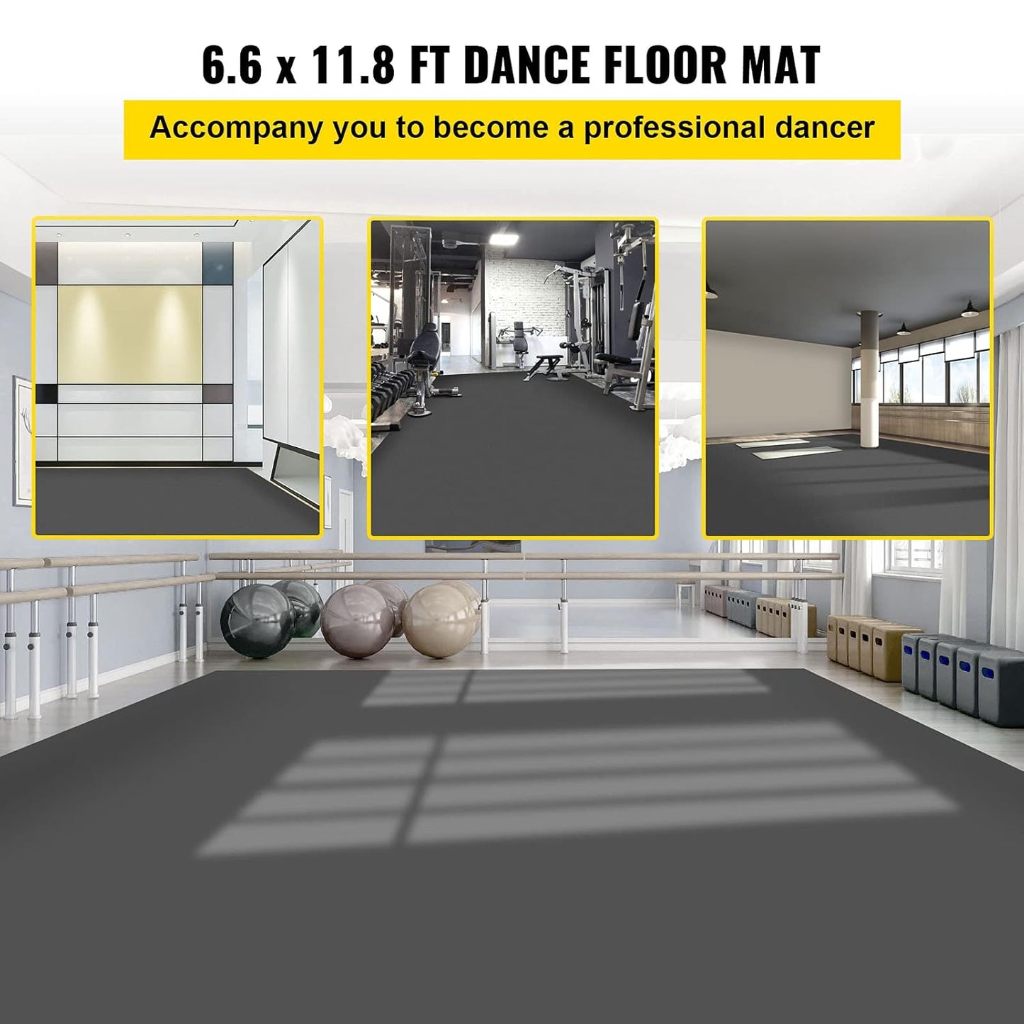 VEVOR Dance Floor, 6.6x11.8ft Dance Floor Roll, 0.06in Thick PVC Vinyl Dance Floor, Black/Grey Reversible Portable Dance Floor, Non-Slip Dance Flooring, Ballet Dance Floor for Jazz, Pop, Lyrical Style