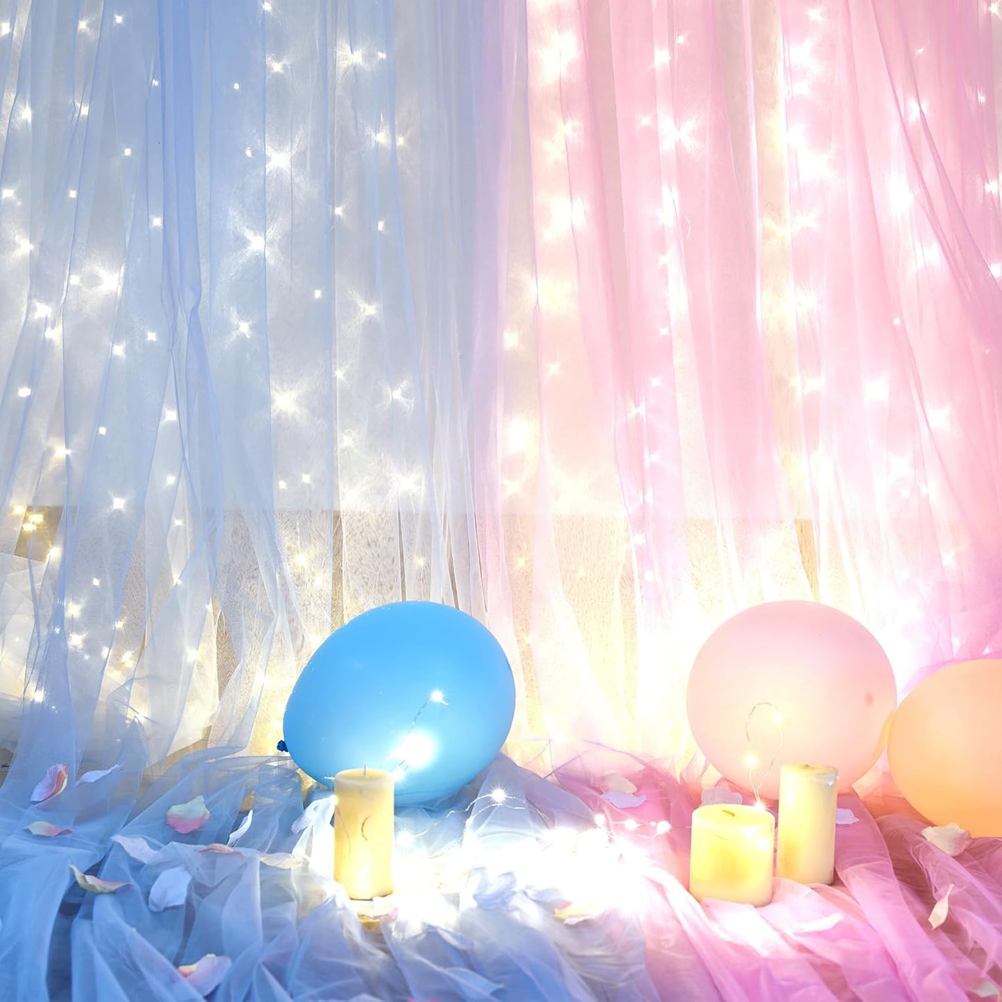 Pink and Blue Backdrop Curtains with Lights String for Baby Shower Sheer Tulle Backdrop Curtain for Gender Reveal Birthday Party Bridal Shower Photo Shoot Background Decorations 2 Panels 5×10ft