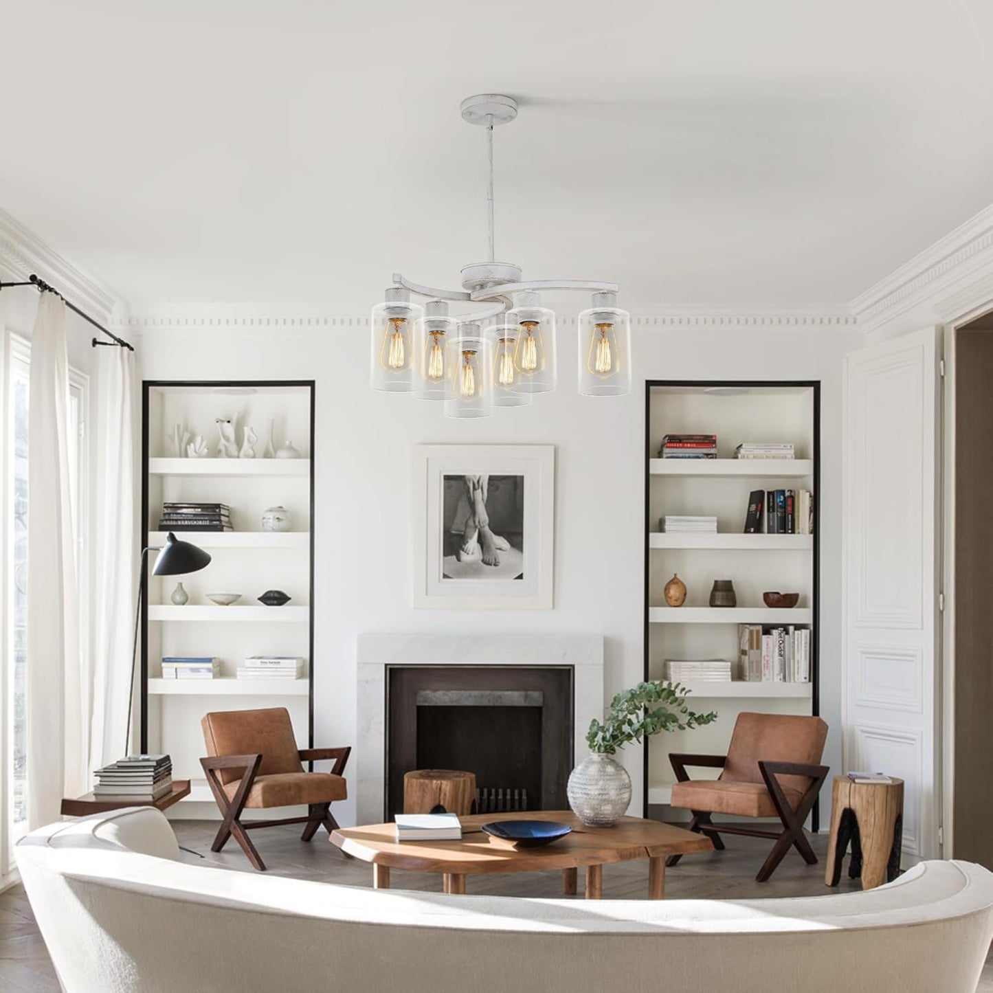 6-Light Antique White Chandelier with Clear Glass Shade, French Country Chandeliers for Dining Room, Adjustable Height Hanging Farmhouse Pendant Lighting for Kitchen Island Entryway Office