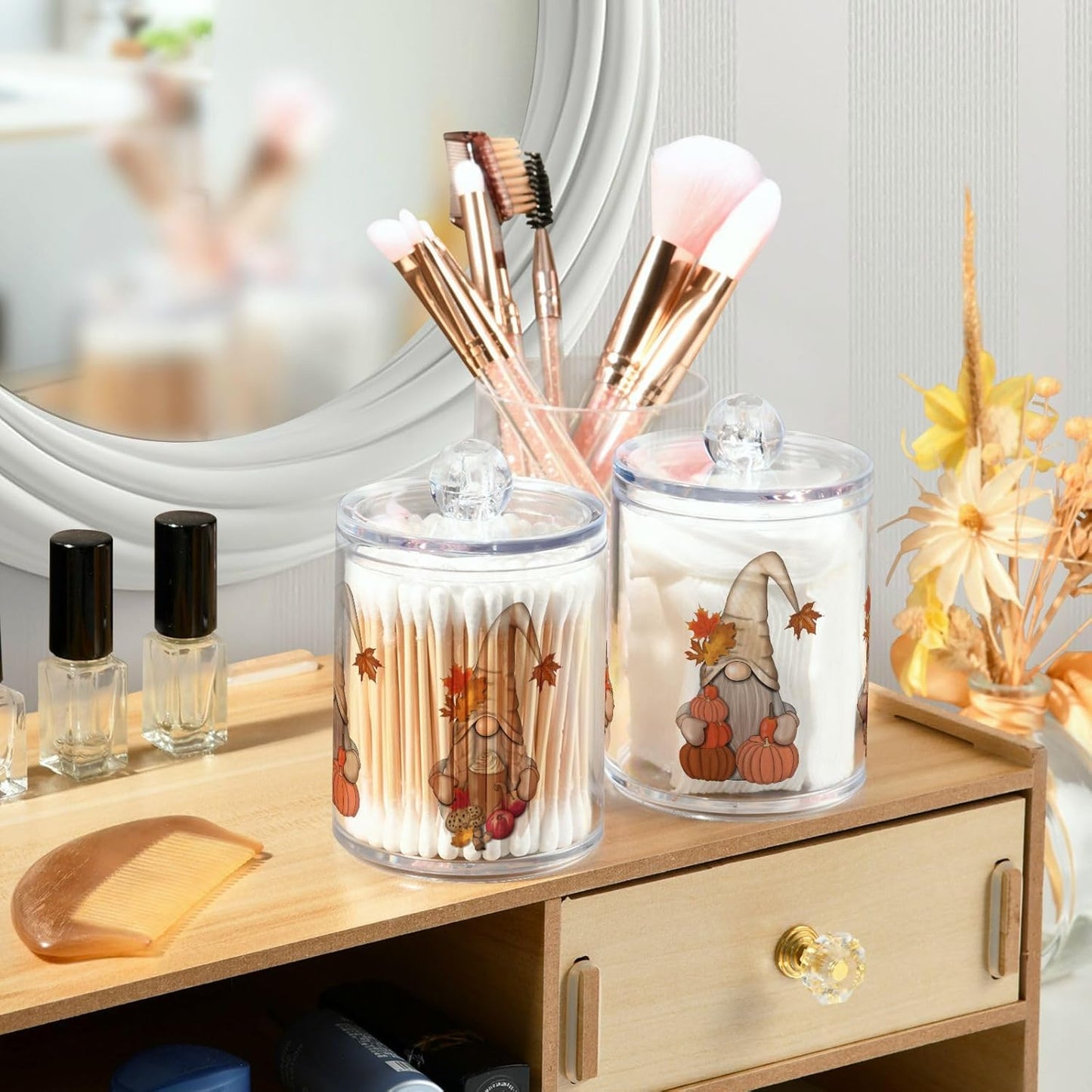 Gredecor 4 Pack Apothecary Jars with Lid Fall Gnome Maple Pumpkins Qtip Holder Dispenser Storage Containers Clear Plastic Cute Fall Autumn Thanksgiving Theme Canisters for Bathroom Vanity Organization