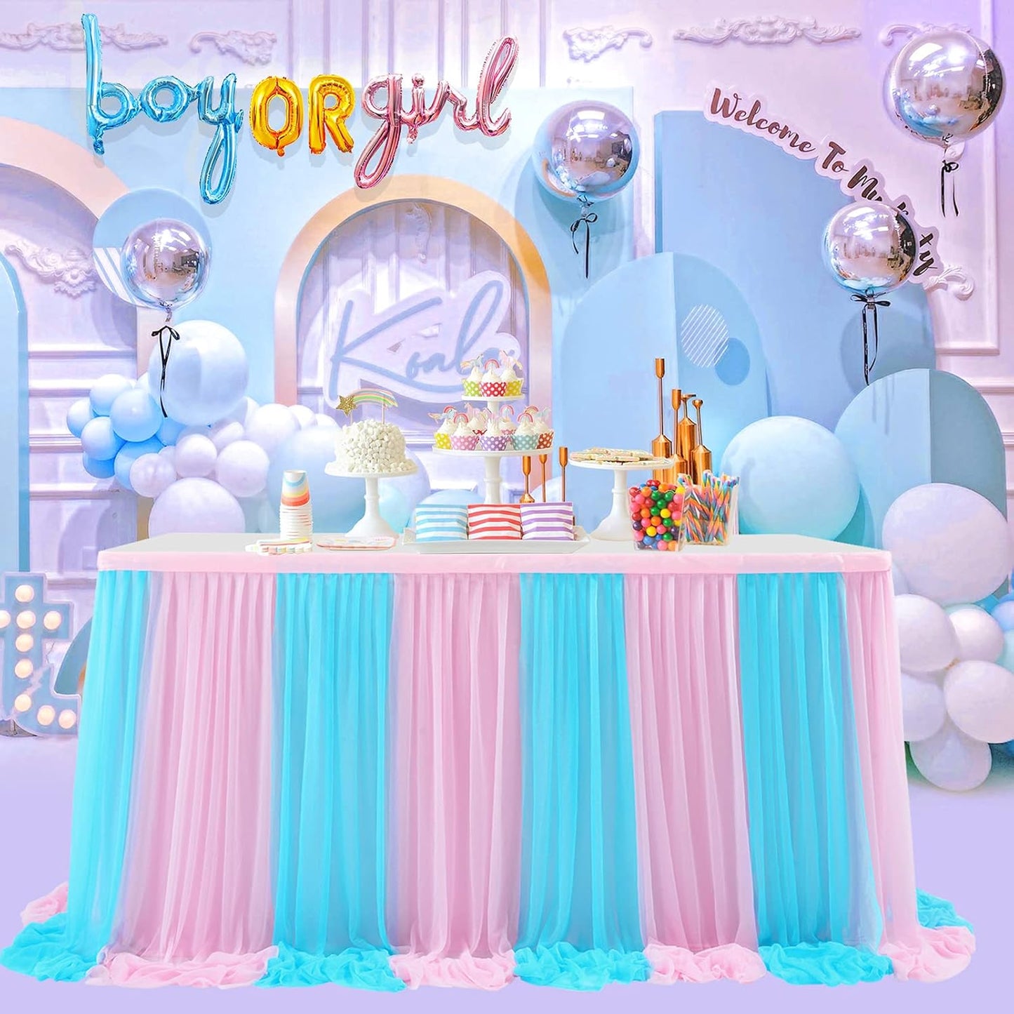 9ft Pink and Blue Gender Reveal Table Skirt for Baby Shower Boy or Girl Tulle Tutu Table Cloths Cover for Birthday Party Wedding Dessert Buffet Banquet Table Decorations