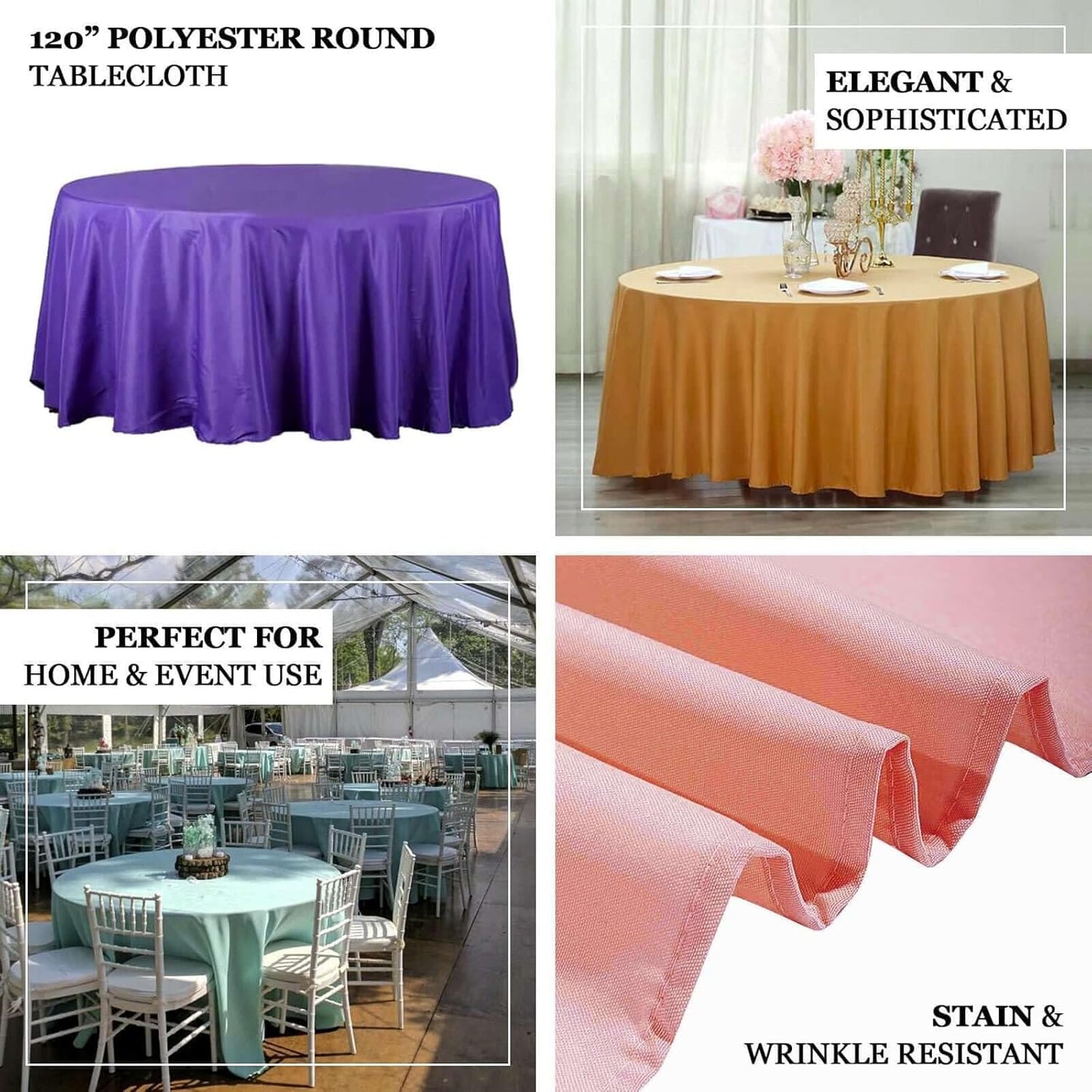 Efavormart Round Tablecloth, 120 Inch Stain & Wrinkle Resistant Washable Table Cloth, Decorative Polyester Fabric Table Cover for Banquet, Wedding, Dining - Pink