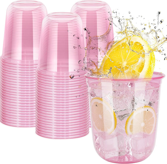 60 Pcs Disposable Stemless Clear Glasses 12 oz NATURAL Arc Crystal Plastic wine glasses Clear Classic Pet Cup for Meeting Weddings Birthdays Cocktail Christmas Party Supplies(Pink)