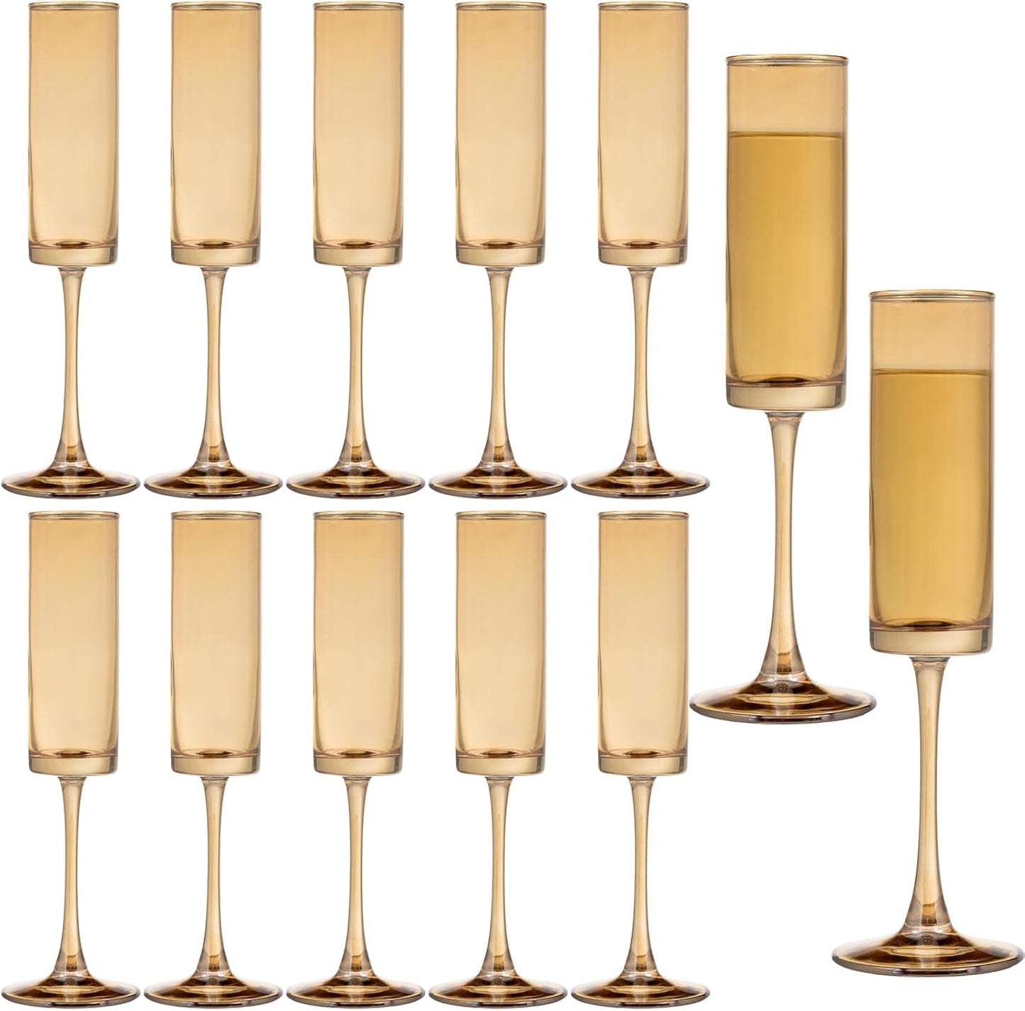 12 Pieces Amber Champagne Flutes 6 OZ Straight Sided Wine Glasses Champagne Long Stem Drinking Colored Glasses,Set of 12 Hand Blown Champagne Flutes Goblets for Wedding Cocktail Cups,Cava, Prosecco