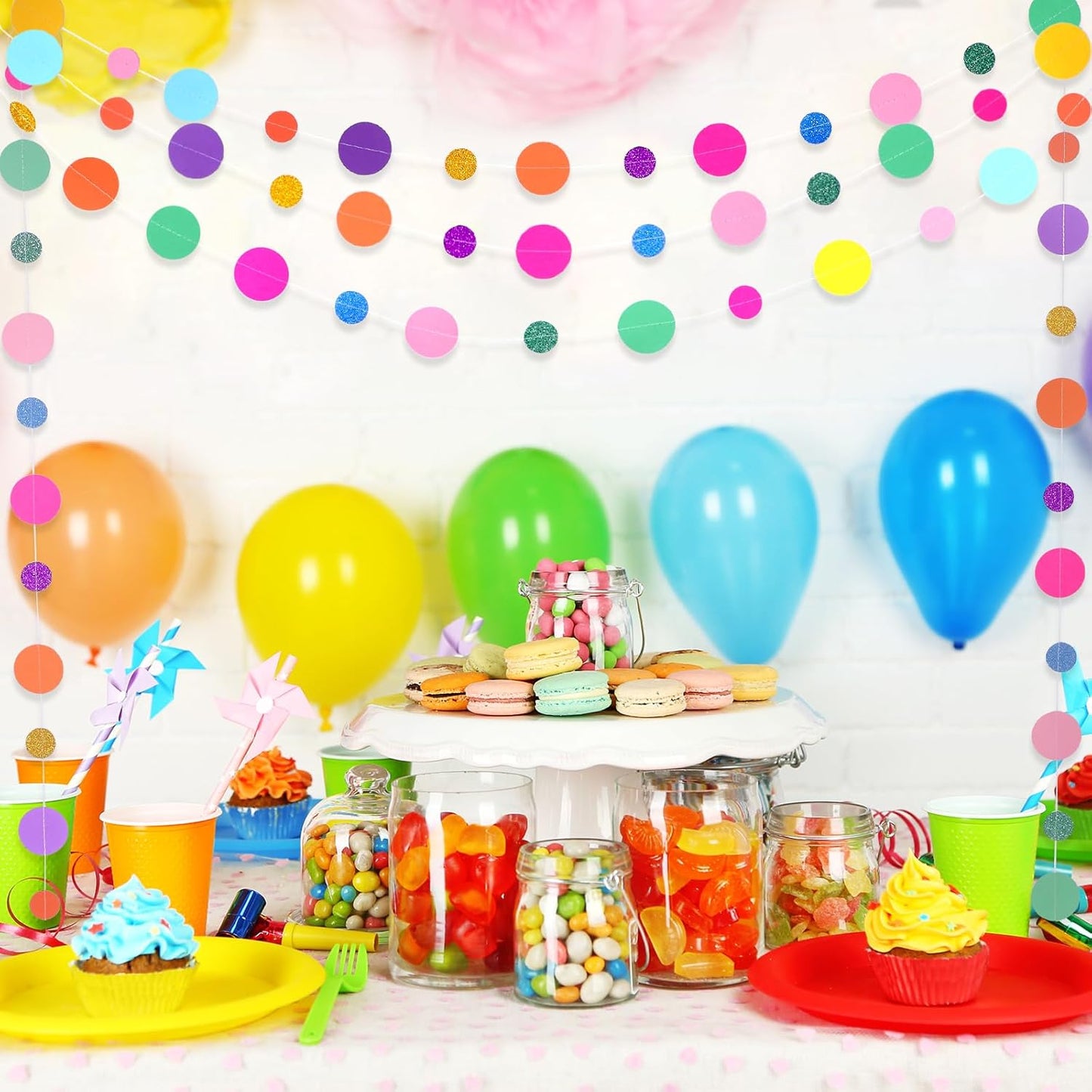 Outus 40 Pieces Colorful Dots Paper Garland Round Glitter Garland Hanging Confetti Streamers Backdrop for Candy Birthday Classroom Halloween Trunk or Treat Car Decoration (Rainbow)