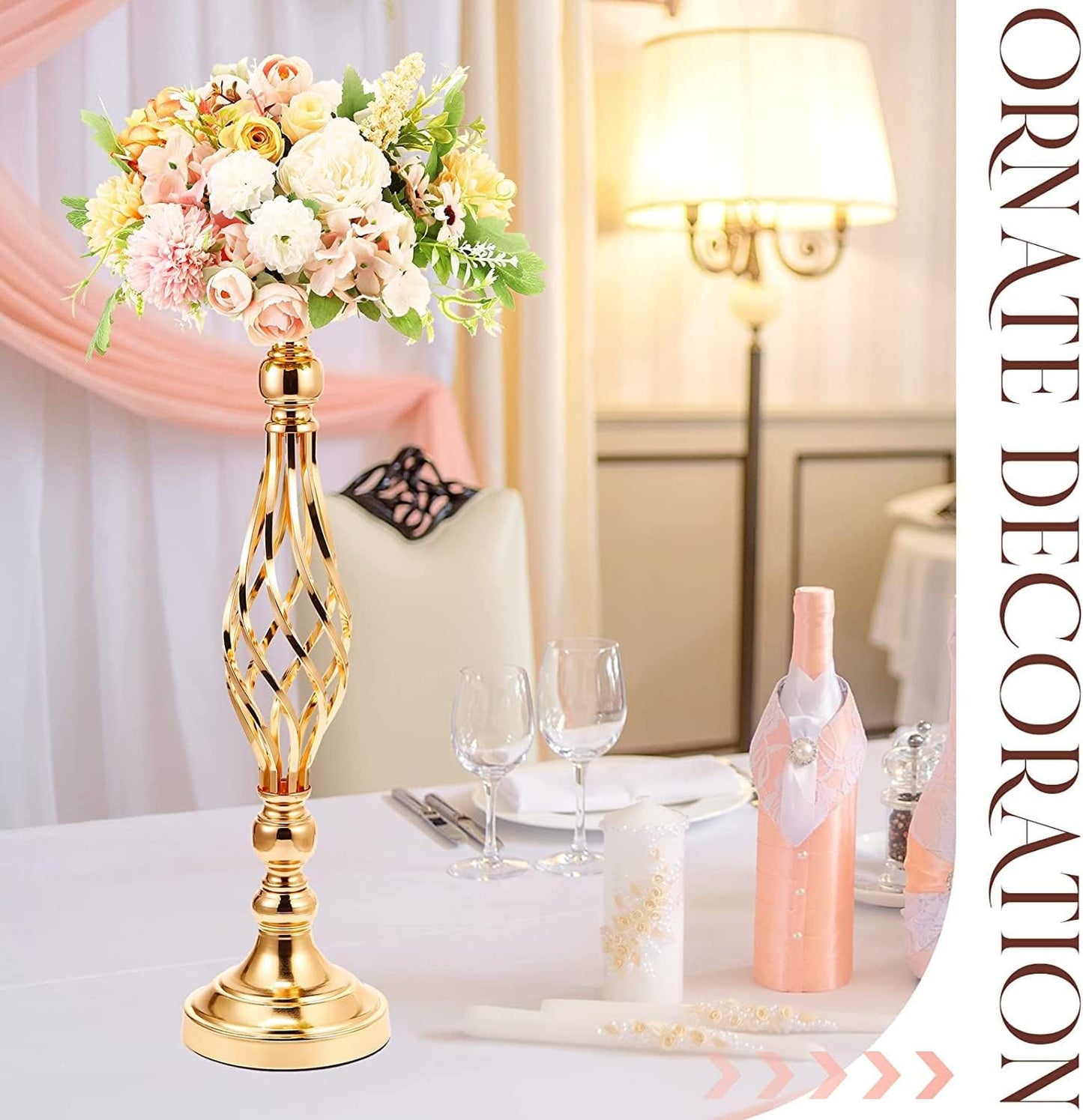 LANLONG 2pcs Metal Gold Candle Holders Road Lead Table Centerpiece Stand Pillar Candlestick for Wedding Candelabra Flowers Vases