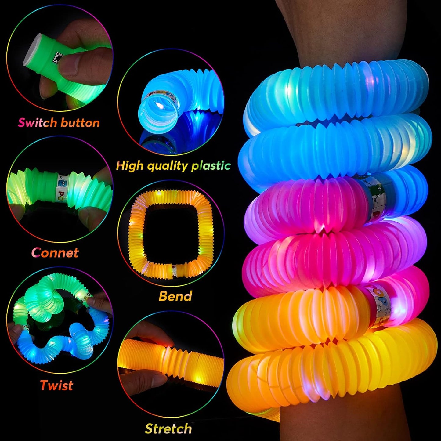 48 PCS Glow in The Dark Party Supplies, Light Up LED Pop Tubes, Glow Sticks Sensory Toys Birthday Party Favors for Kids, Light Up Toys Goodie Bag Stuffers Gifts Prize