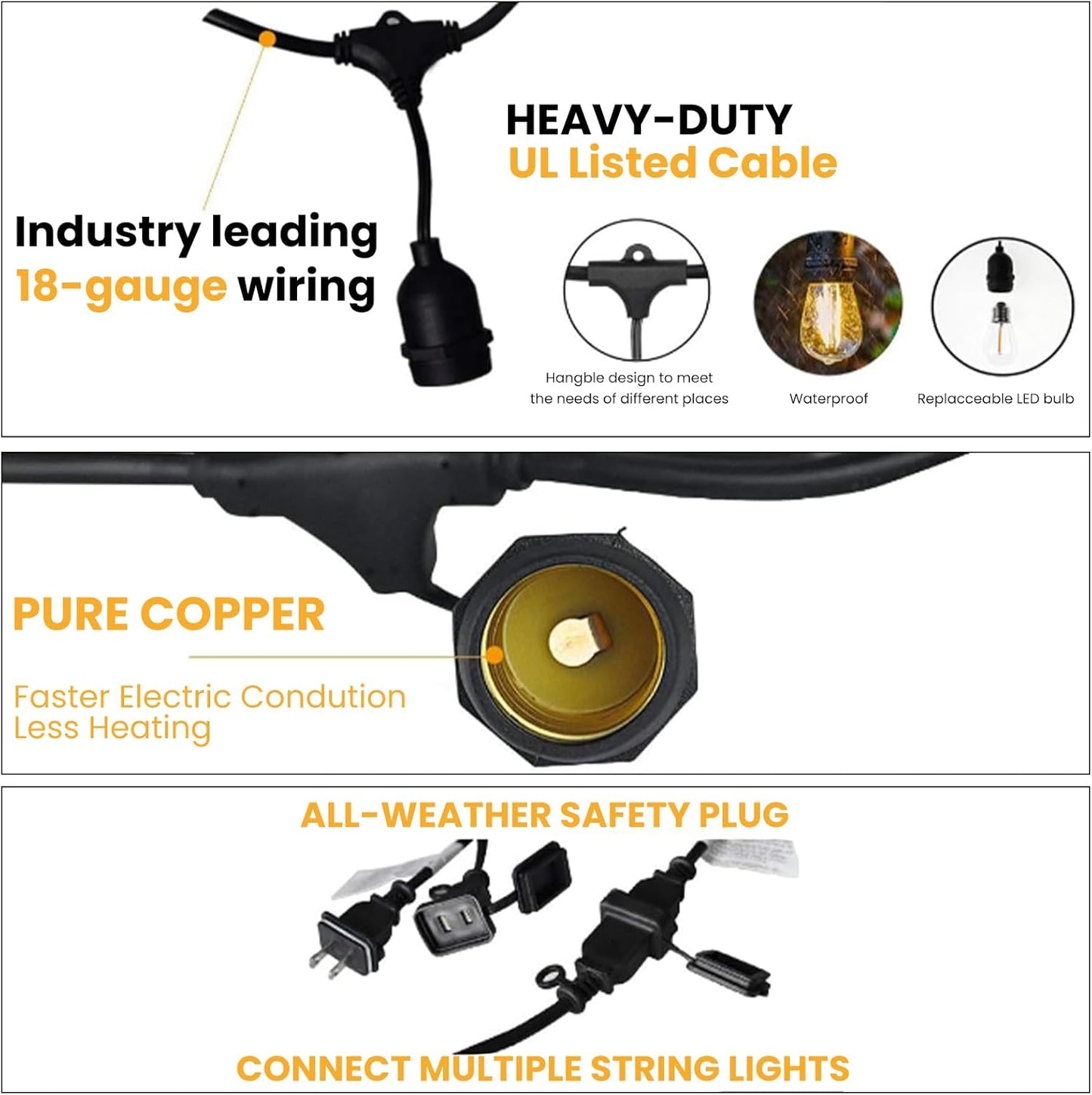 Svater 144 FT Outdoor String Lights 2W, Patio Light for Outside with 48 Antique S14 Plastic LED Bulbs, IP65 Waterproof Hanging Cafe Market Lighting, ETL-Listed Dimmable Warm White (48 FT x 3)