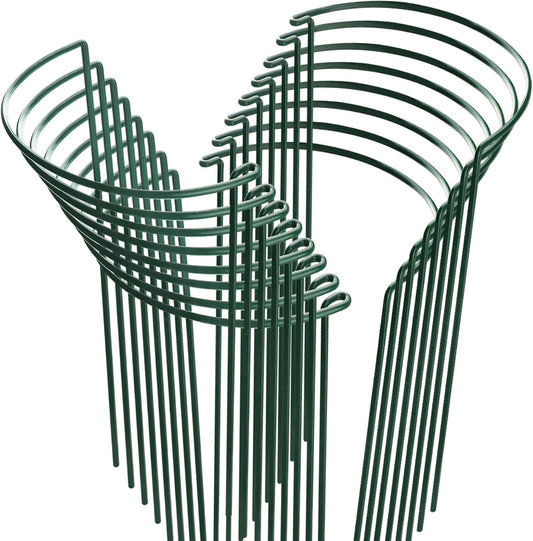 HiGift 16 Pack Plant Support Stakes, Half Round Metal Garden Plant Stake Indoor Peony Cages and Supports, Green Plant Support Ring Border for Tomato,Hydrangea,Flower Outdoor (10" Wide x 15.8" High)