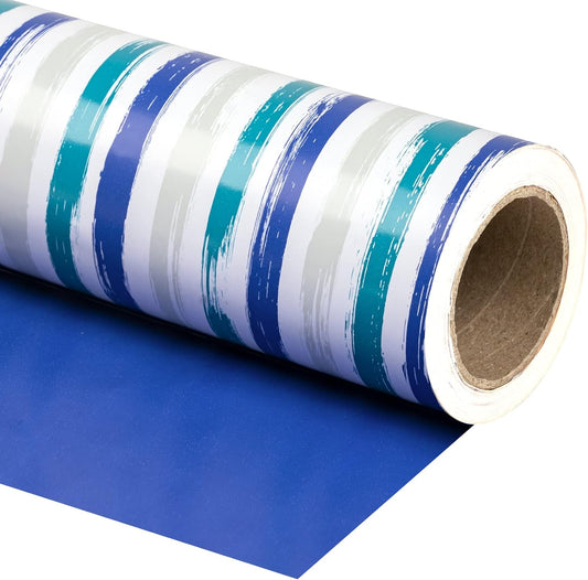 WRAPAHOLIC Reversible Blue Wrapping Paper - Mini Roll - 17 Inch X 33 Feet - Baby Boy Wrapping Paper for Birthday, Holiday, Wedding, Baby Shower