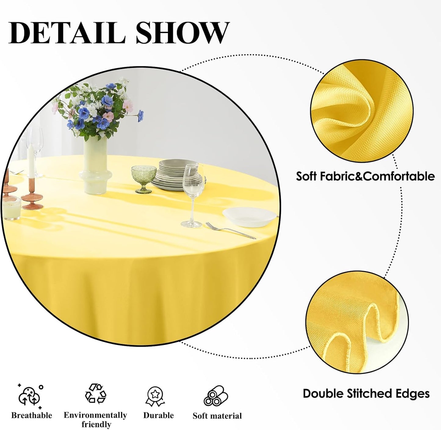 Round Tablecloth 6 Pack 90 Inch Yellow Tablecloths Washable Decorative Linen Polyester Table Clothes Cover for Dining Table Banquets Buffet Parties and Wedding