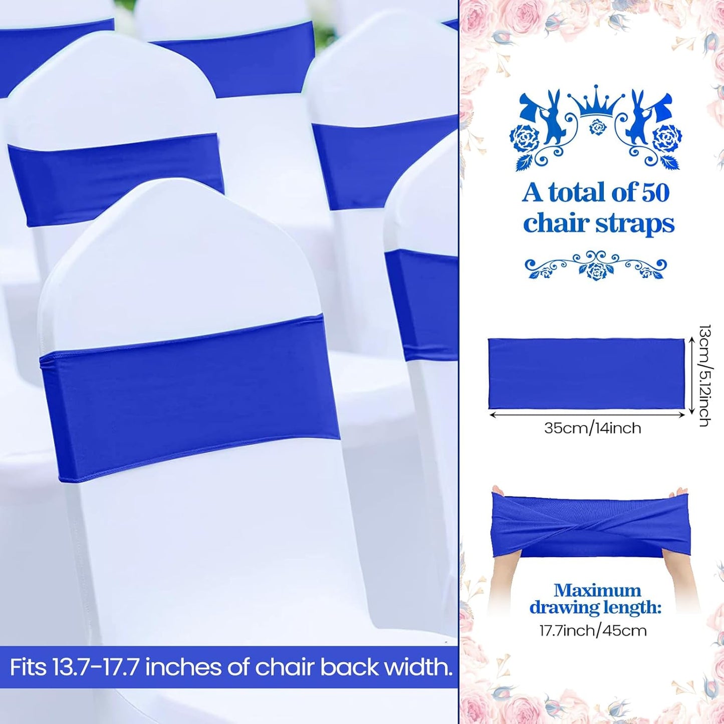 Kinlop 50 Pcs Spandex Chair Sashes Bows Chair Bands Slider Sashes for Covers Elastic Bands Ties Without Buckle Decorations for Wedding Party Events Ceremony Birthday(Blue)