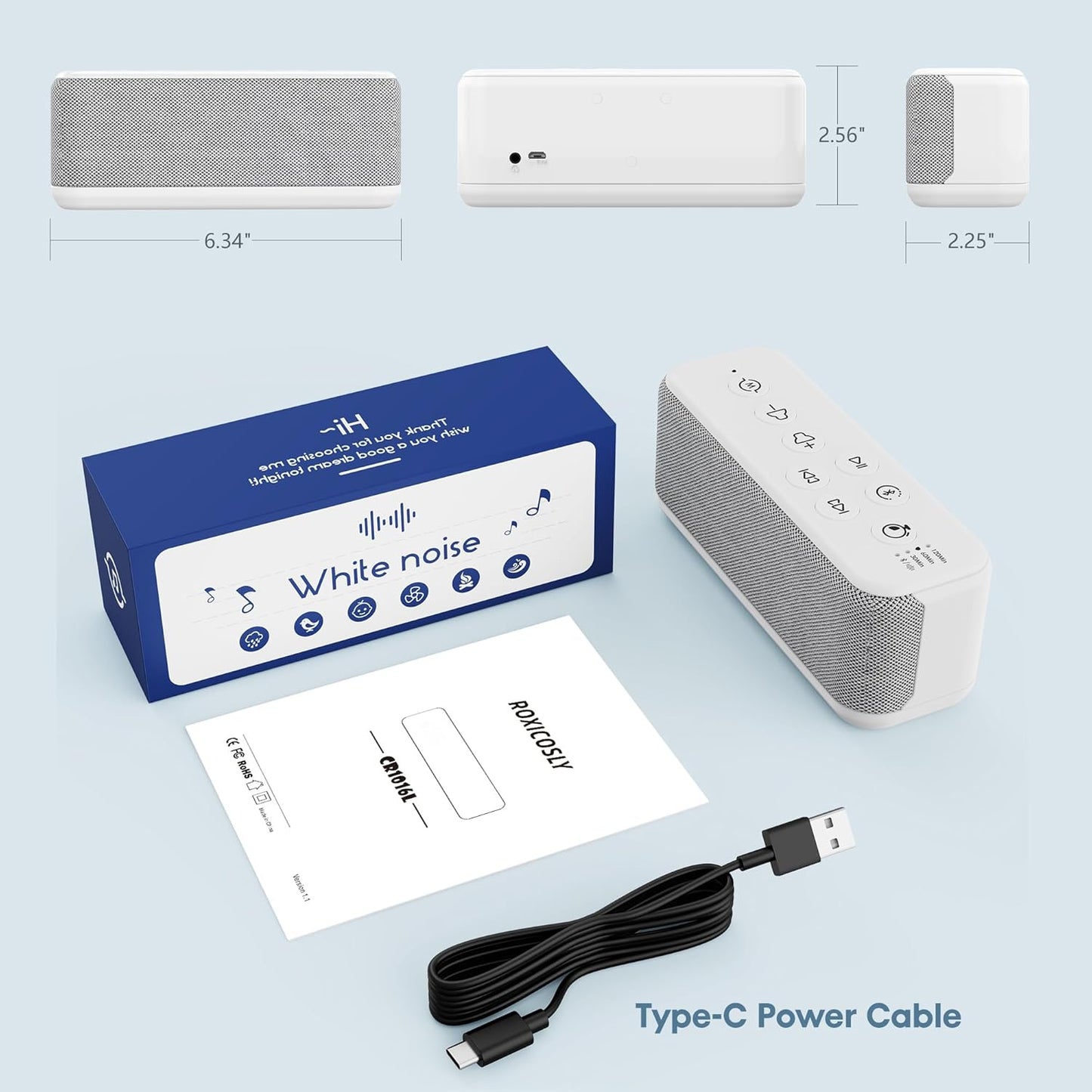 White Noise Sound Machine with Bluetooth,3000mAh Battery Powered,40H Long Lasting,Hi-Fi Audio,30/60/120m Timer,Wireless Portable Sleep Sound Machine for Adults/Baby,Type-C Rechargeable,Headphone Jack