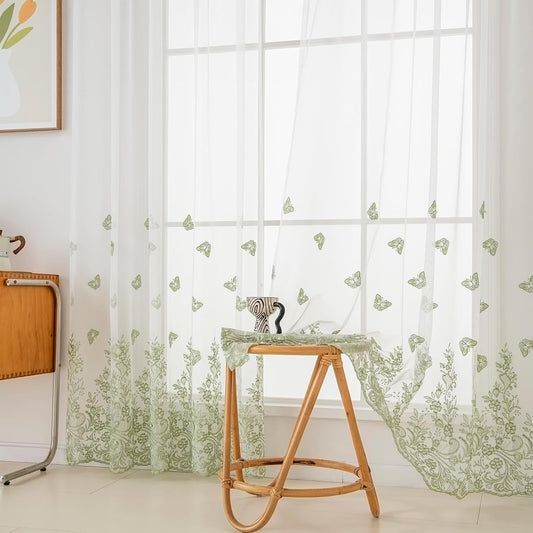VISIONTEX White Sheer Voile Curtains, Decorative Green Embossed Butterflies Rod Pocket Window Drapes for Home Kitchen, Living Room and Bedroom 54 x 84 Inch, Set of 2 Curtain Panels