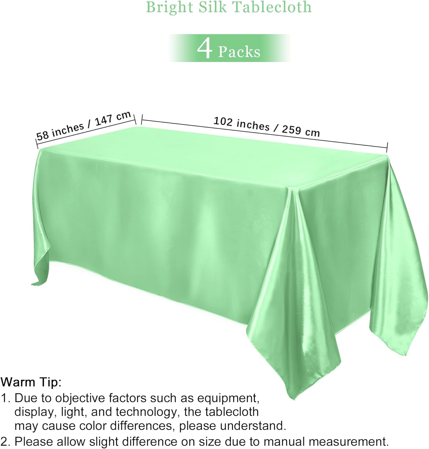 TURSTIN 4 Packs Pastel Rainbow Satin Tablecloth 102 x 58 Inch Overlay Satin Table Cover Rectangle Bright Silk Tablecloth Smooth Fabric Table Decoration for Wedding Banquet Party Events