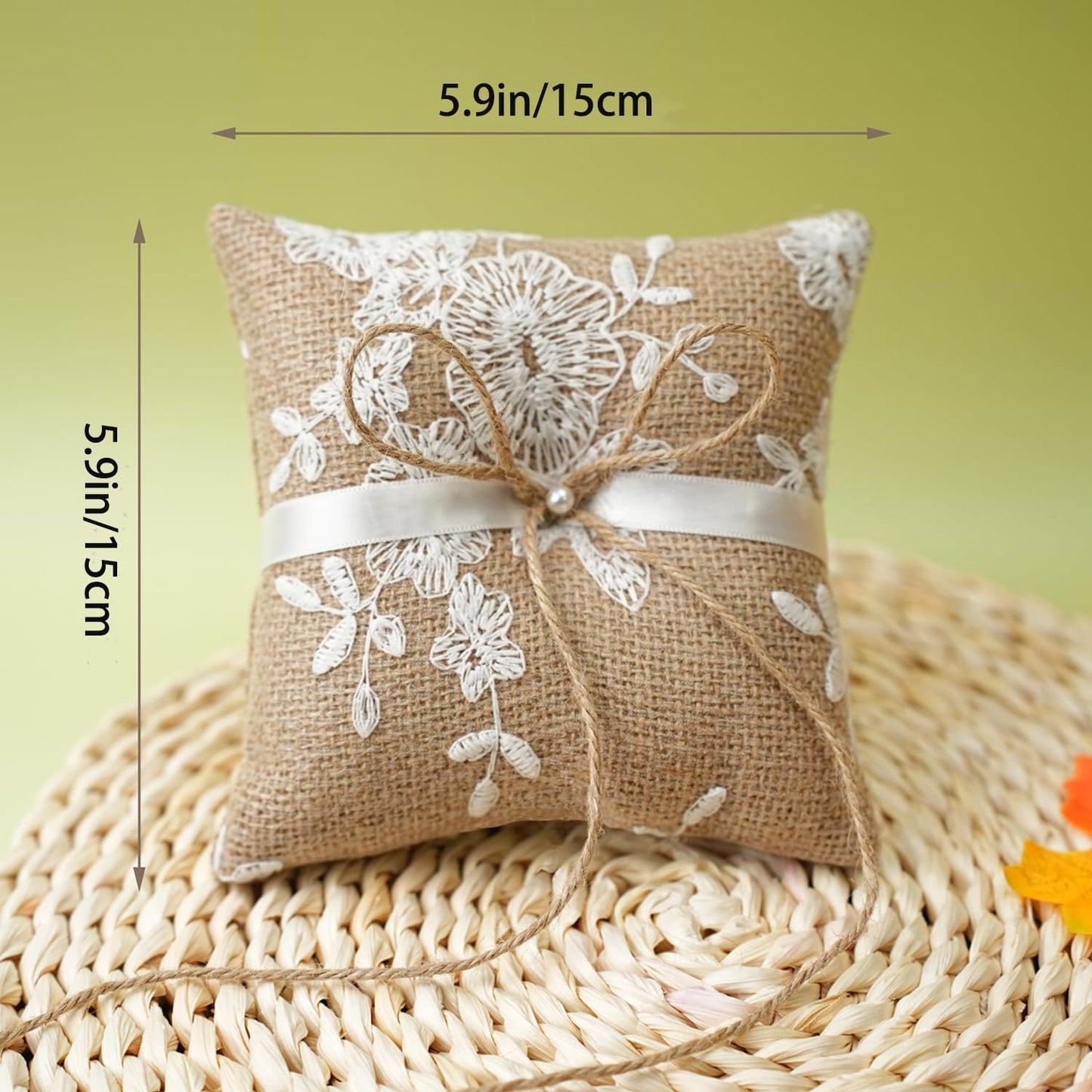 QIRMIZI Vintage Rustic Burlap Ring Bearer Pillow - Elegant Fall Wedding Décor with Lace, Bow, and Embroidered Flower Ribbon
