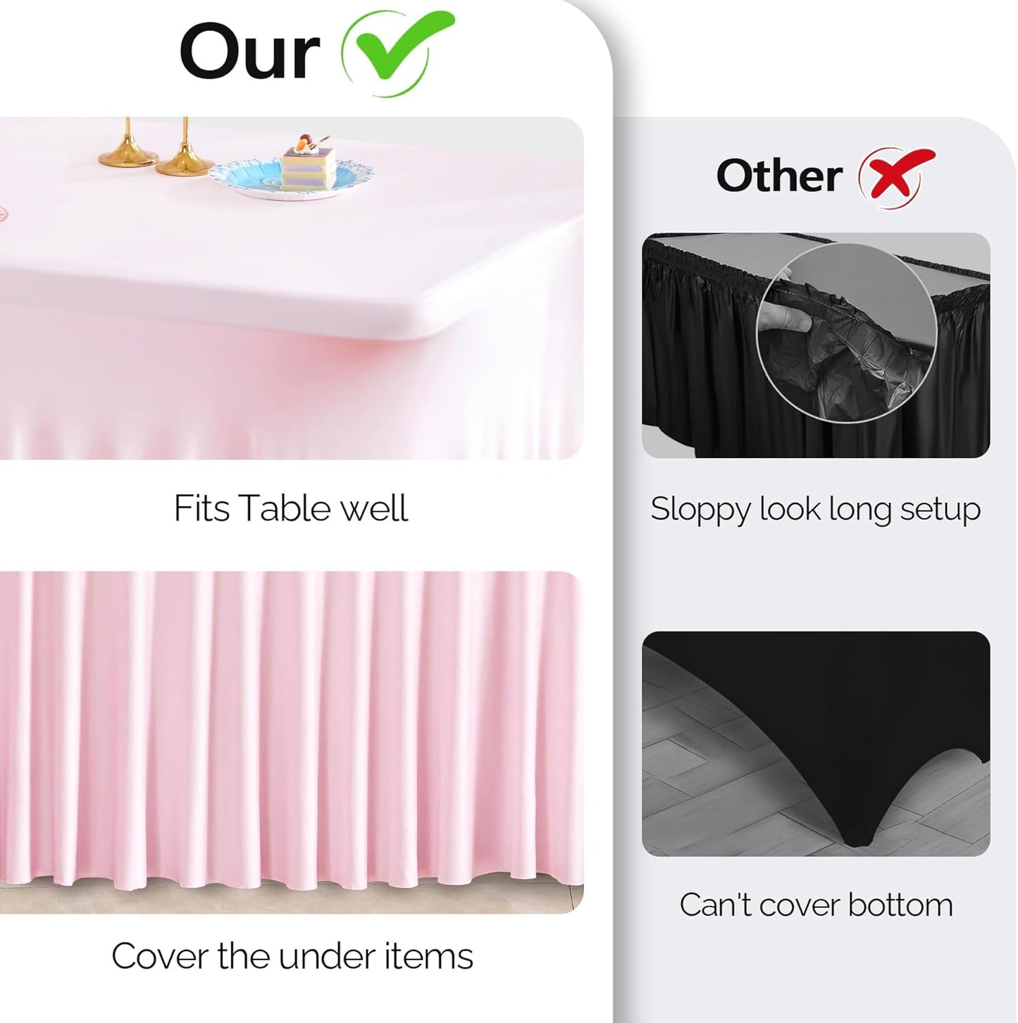 2 Pack Pink Spandex Table Clothes for 8 Foot Rectangle Tables, 8FT Wrinkle Free Fitted Tablecloths Ruffles Design Table Cover for Party, Banquet, Wedding and Events