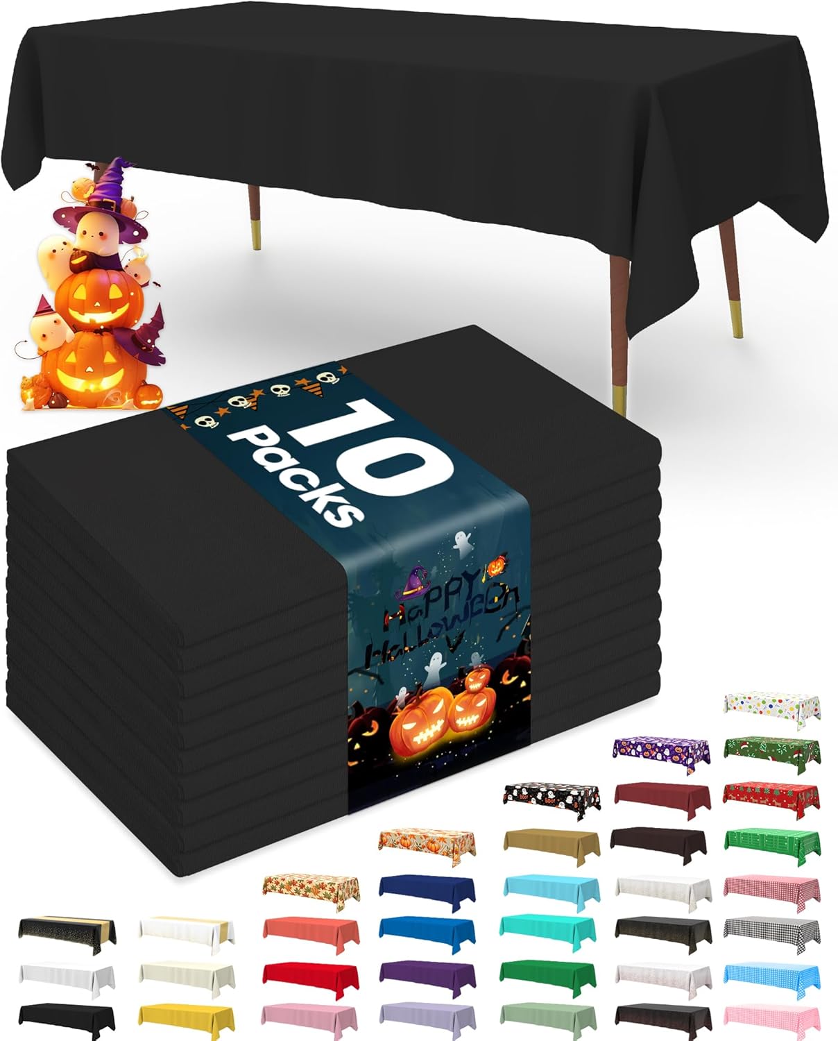 Pureegg Plastic Table Cloth Disposable 10 Pack, 54 x 132 Inch Table Cloths, Halloween Party Decorations, Summerween Decor, Halloween Tablecloths, Rectangle, Plastic Cover, Leakproof & Sturdy, Black