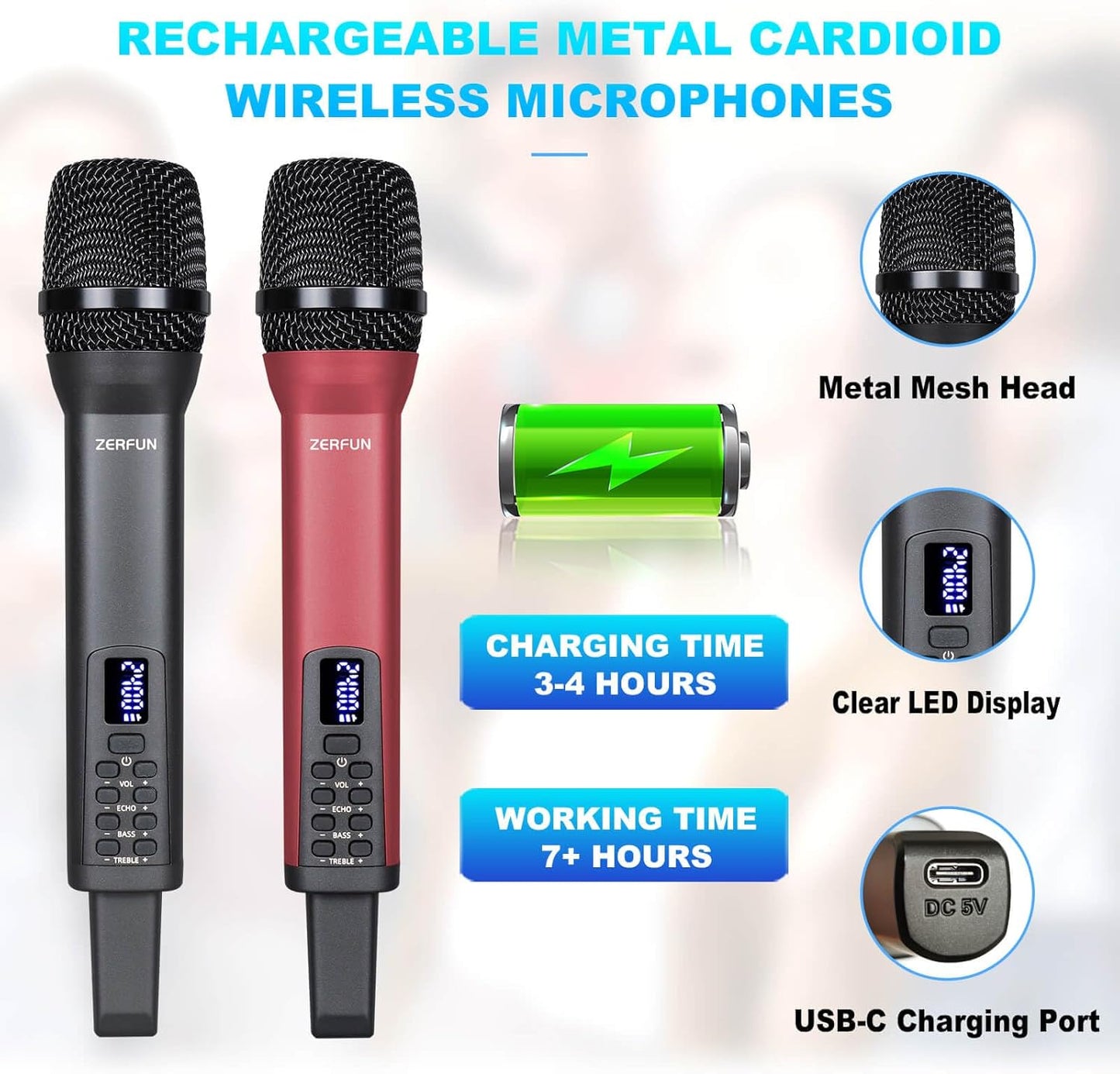 Rechargeable Wireless Microphones 4, Pro Handheld Cordless Mics System Dynamic with Echo Treble BASS VOL Control for Karaoke Singing Church Party, 1/4'' Output, D240, Grey&Red