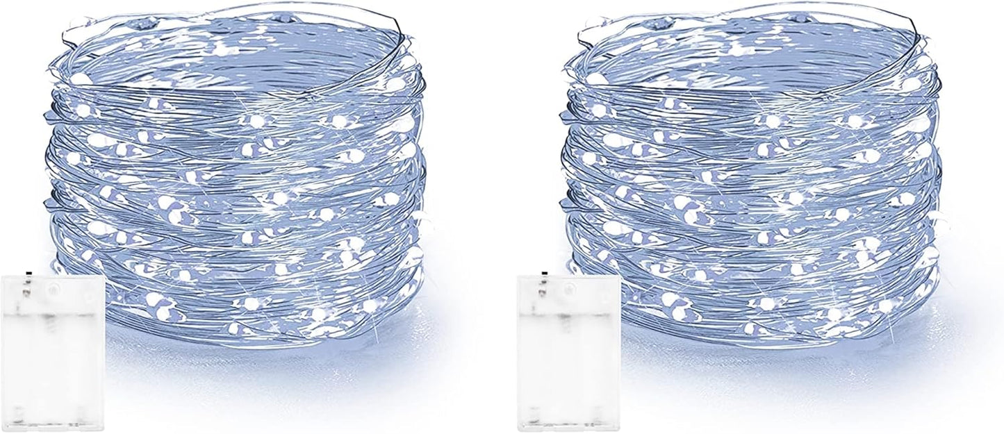 Dazzle Bright Fairy Lights Battery Operated, 2 Pack Total 40FT 120LED Silver Wire Waterproof Battery Operated String Lights, Christmas Decorations for Indoor Outdoor Bedroom Yard Decor, White