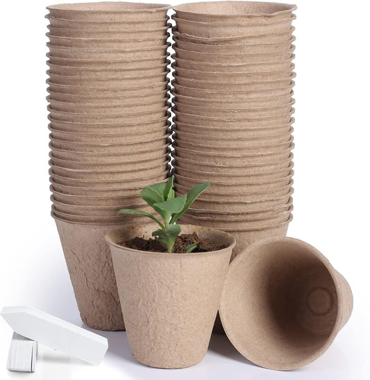 JERIA 50-Pack 3.15 Inch Peat Pots for Seedling with 50 Pcs Plant Labels,Outdoor Garden Germination Nursery Pots,Biodegradable Seed Starter Pots Kits