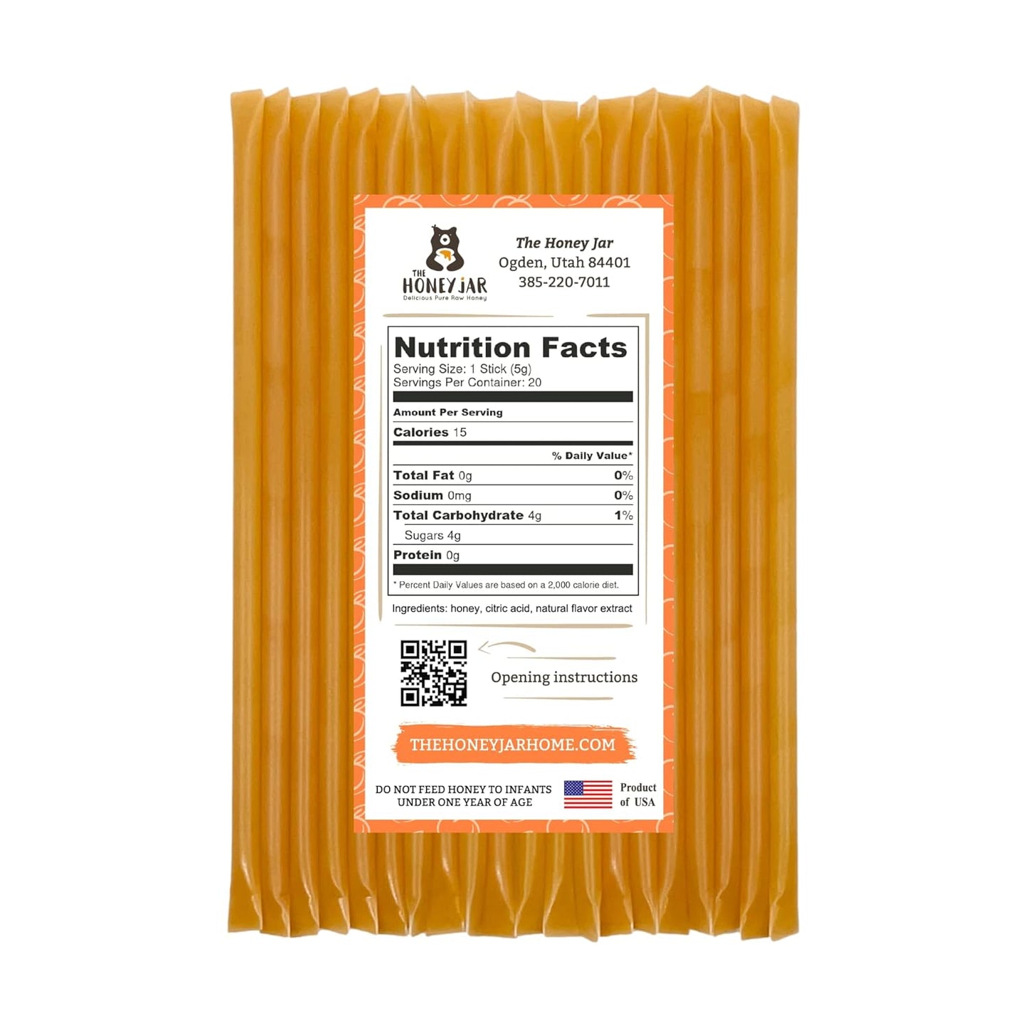 The Honey Jar Peach Flavored Honey Sticks - Pure Honey Straws For Tea, Coffee, or a Healthy Treat - One Teaspoon of Flavored Honey Per Stick - Made In The USA with Real Honey - (20 Count)