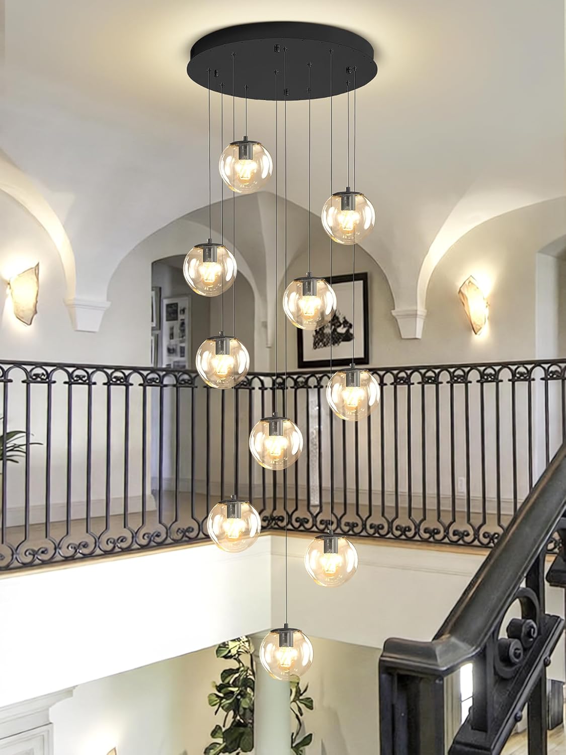 Modern Globe Chandelier H118 Staircase Chandelier for Entryway 12-Lights Glass Globe Pendant Light Large Chandeliers for High Ceiling Foyer Stairwell