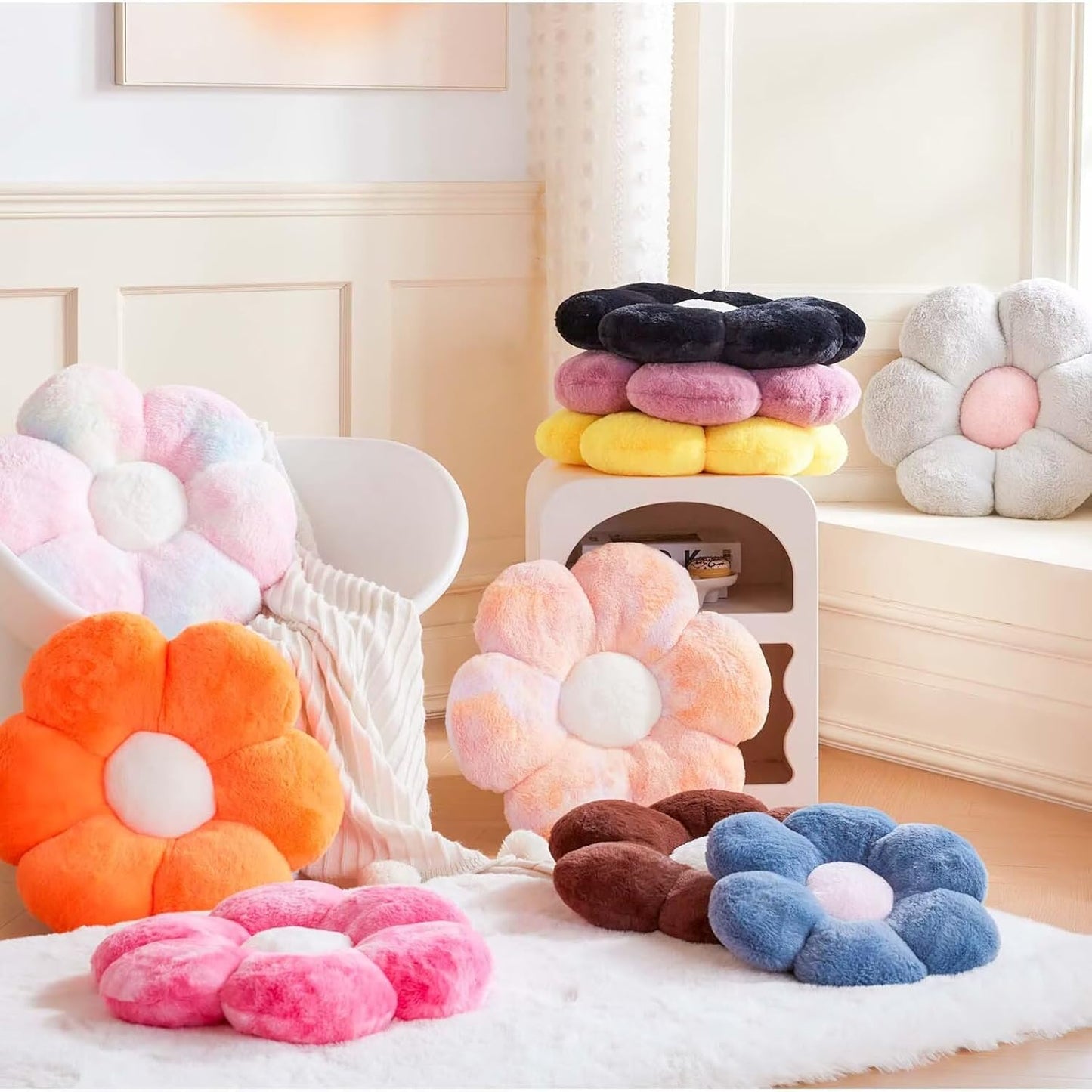 Beige Flower Pillow, Cute Decorative Flower Shaped Throw Pillow with Faux Rabbit Fur, 19.6" Soft Flower Plush Throw Pillow Floor Pillows Room Décor for Bedroom Living Room