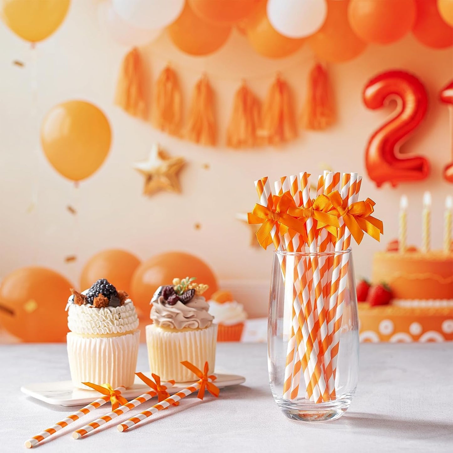 100 Pcs Fall Orange Paper Bow Straws for Drinking, Halloween Disposable Striped Paper Straws Bulk Autumn Theme Birthday Party Supplies for Wedding Cake Decorations Bachelorette Bridal Shower