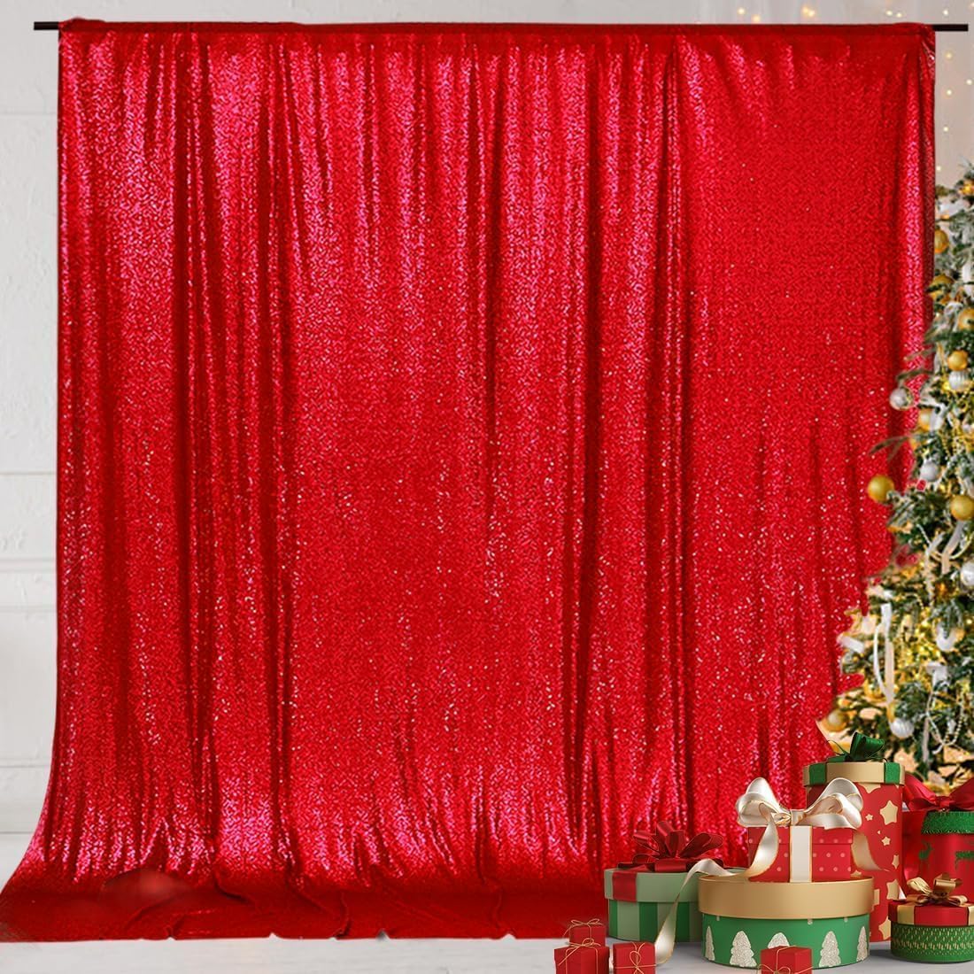 Eternal Beauty Red Sequin Backdrop, 6x6 Ft Glitter Background Curtains for Christmas Shimmer Photography Party Wedding Birthday Back Drop Decor