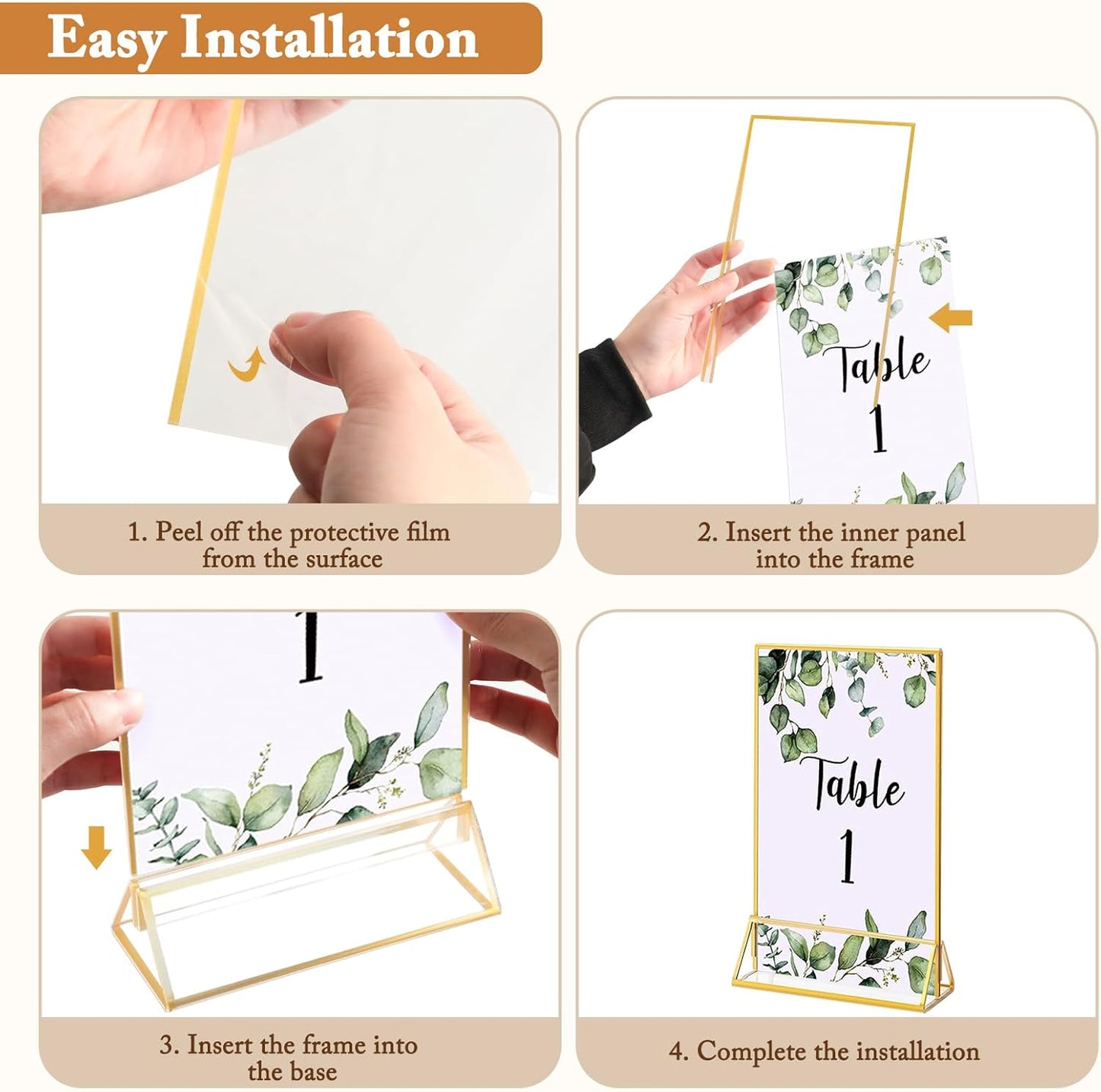 Floroom 12 Pack 4x6 Inch Clear Acrylic Sign Holders, Double-Sided Gold Display Stand Picture Frames for Table Numbers, Menus, Flyers, Weddings, and Offices